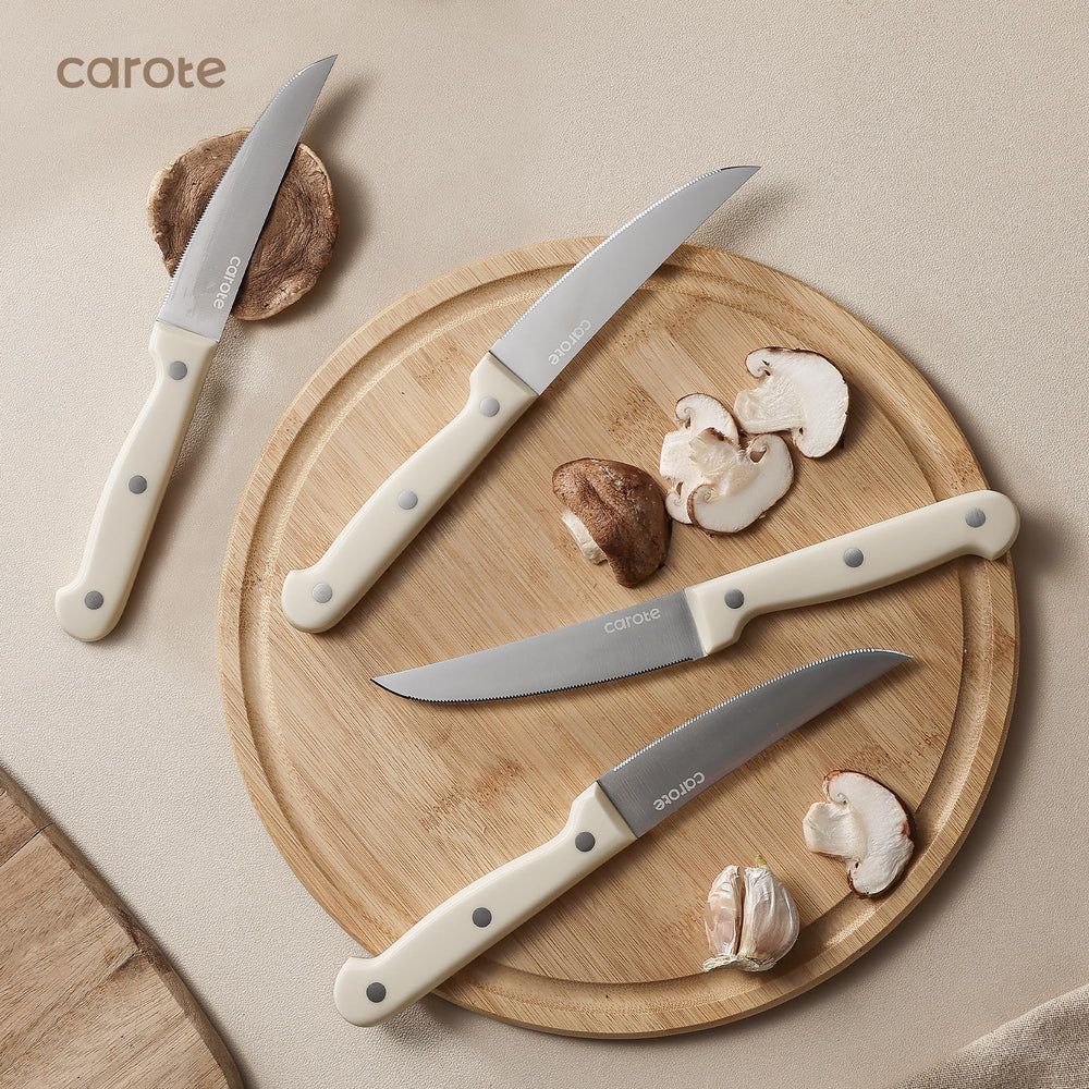 CAROTE knives on cutting board showing scale and everyday prep efficiency benefit