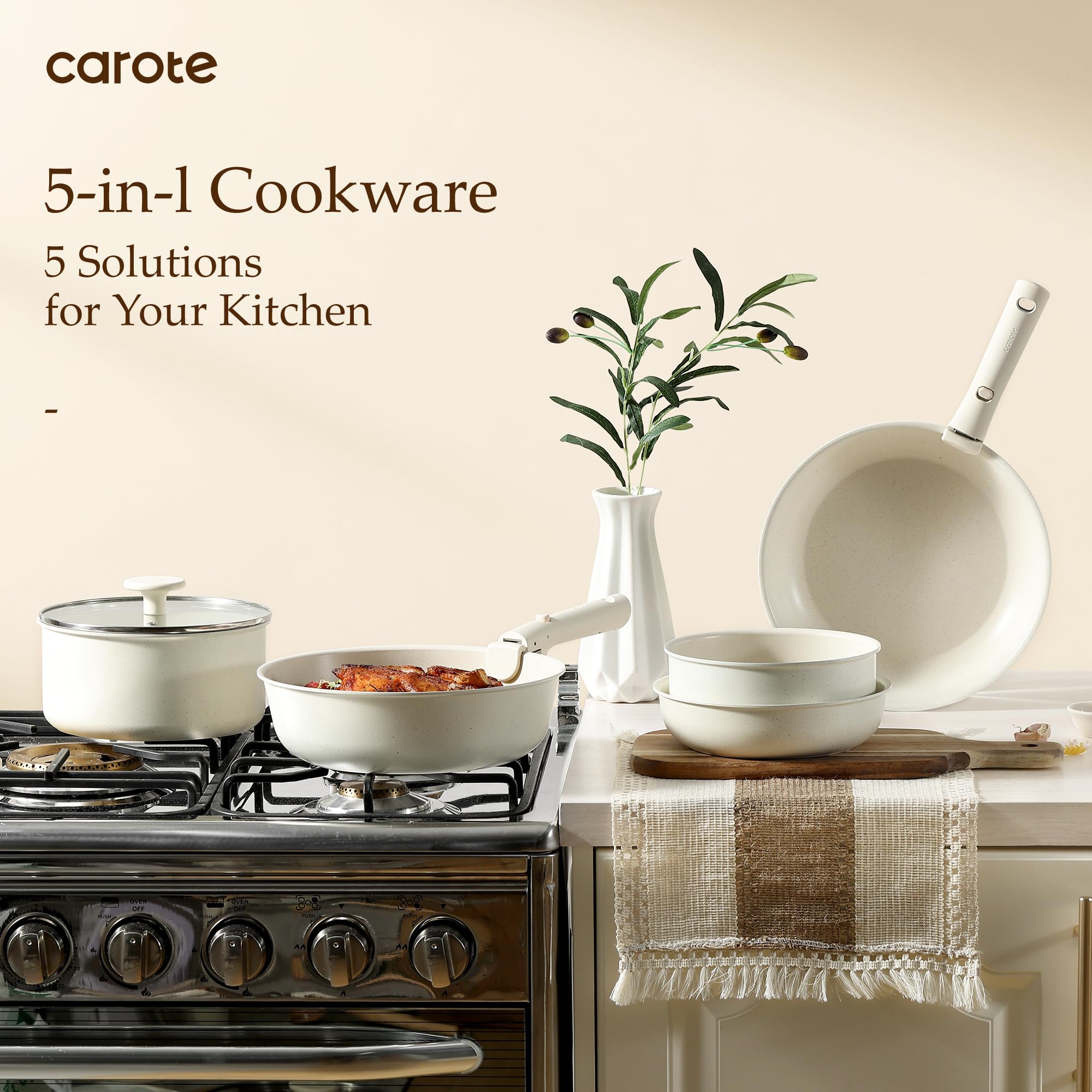 CAROTE pans beside common kitchen items for scale and practical sizing