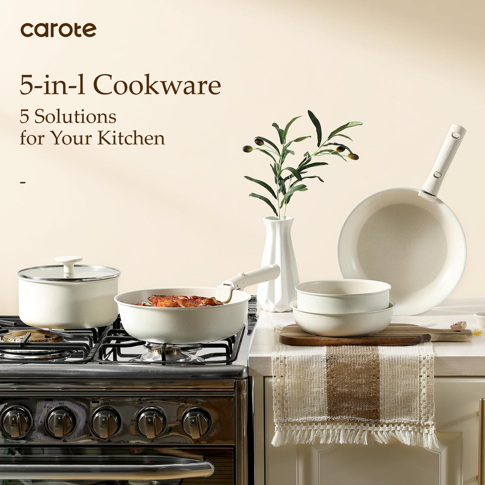 CAROTE pans beside common kitchen items for scale and practical sizing