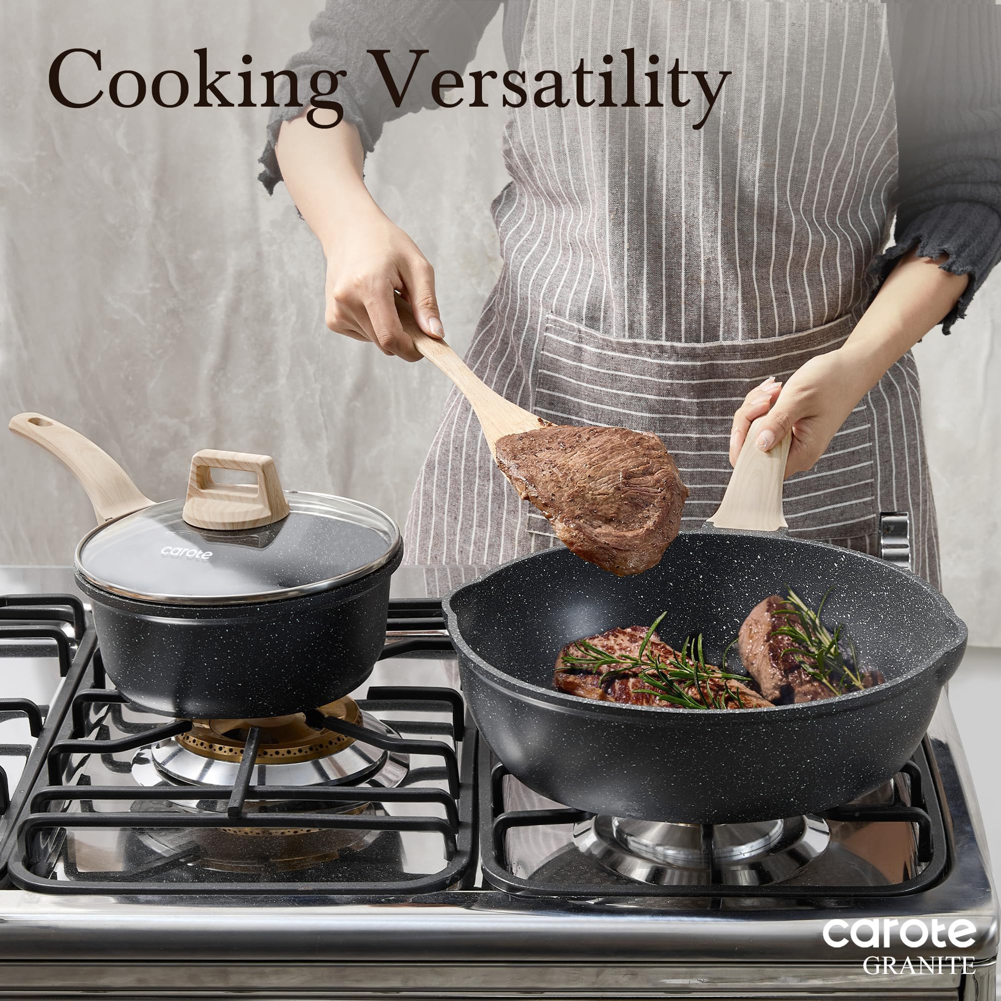CAROTE pan size comparison with measuring cups illustrating 5.5 qt capacity