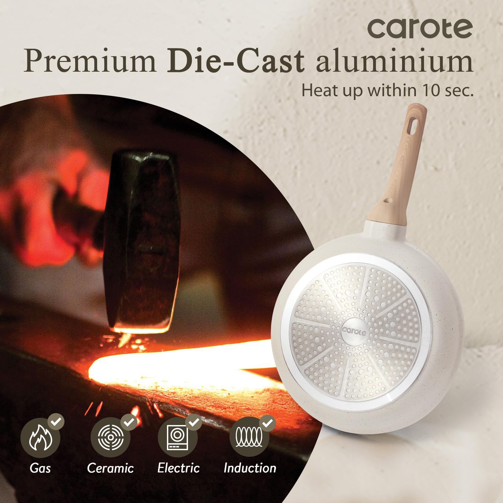 CAROTE pan next to plates to show 10-inch scale and family-friendly serving size