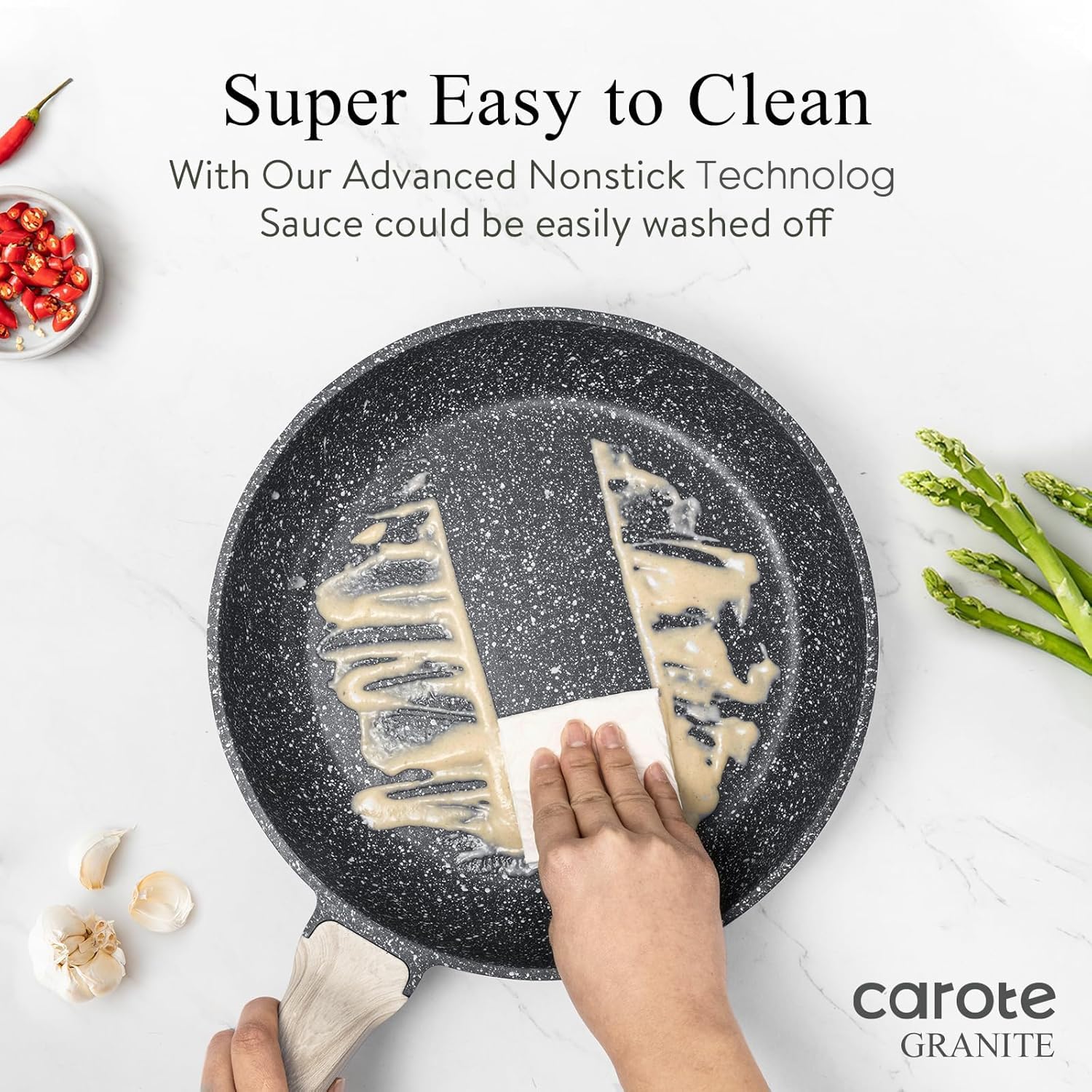 CAROTE skillet frying eggs to demonstrate even heating and quick breakfast prep