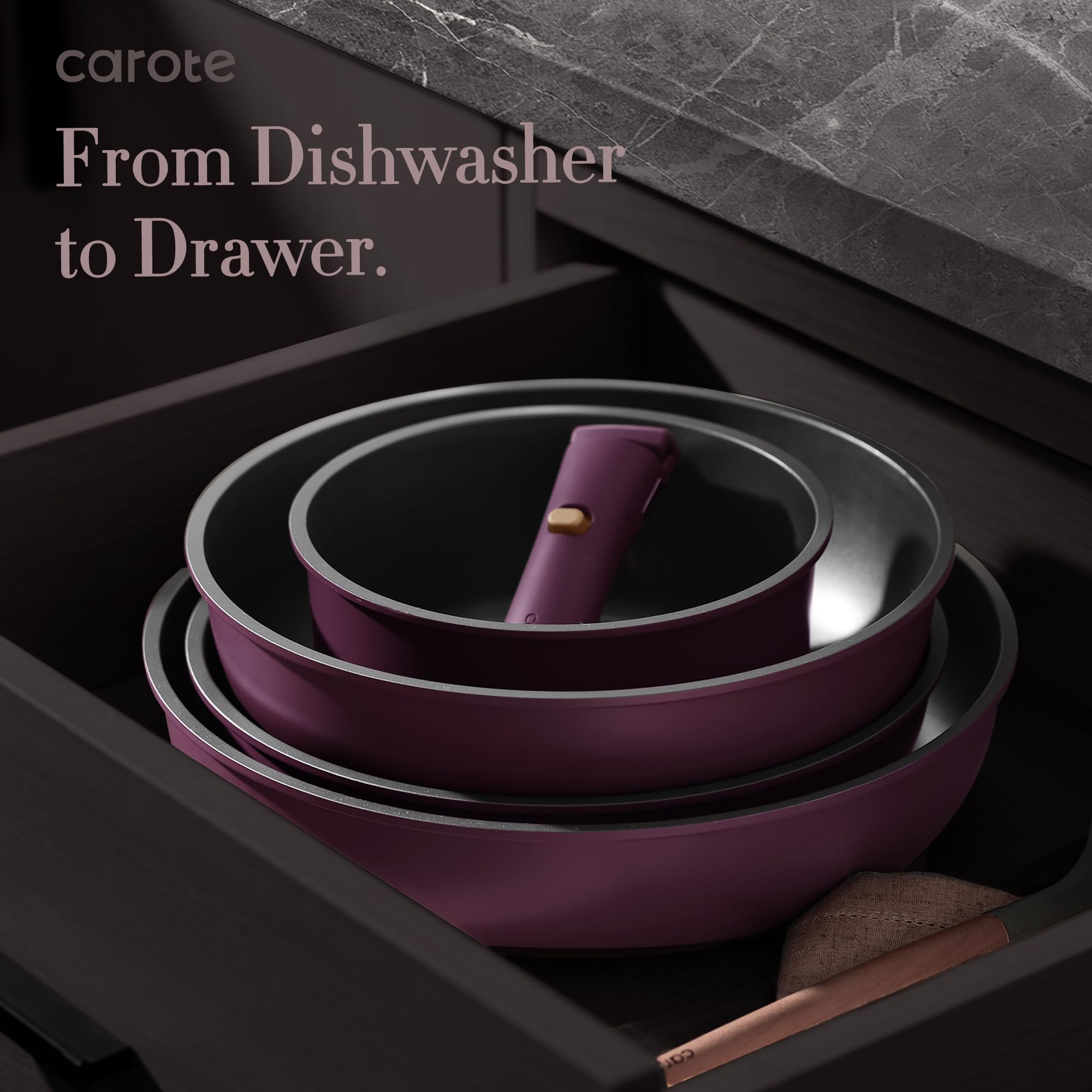 CAROTE stacked pans saved space in a cabinet illustrating compact, organized storage
