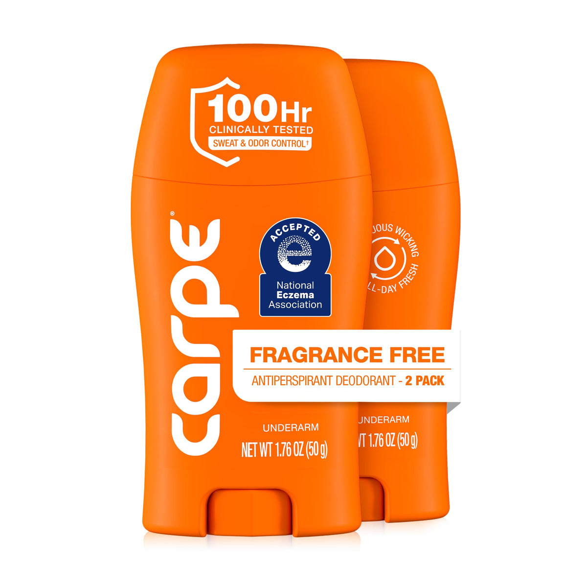 Carpe front packaging two-pack showing fragrance-free clinical-strength protection
