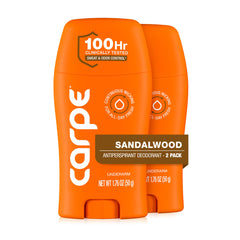 Carpe front packaging showing sandalwood two-pack and brand benefit