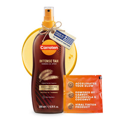 Carroten bottle front showing label and promise of accelerated tan