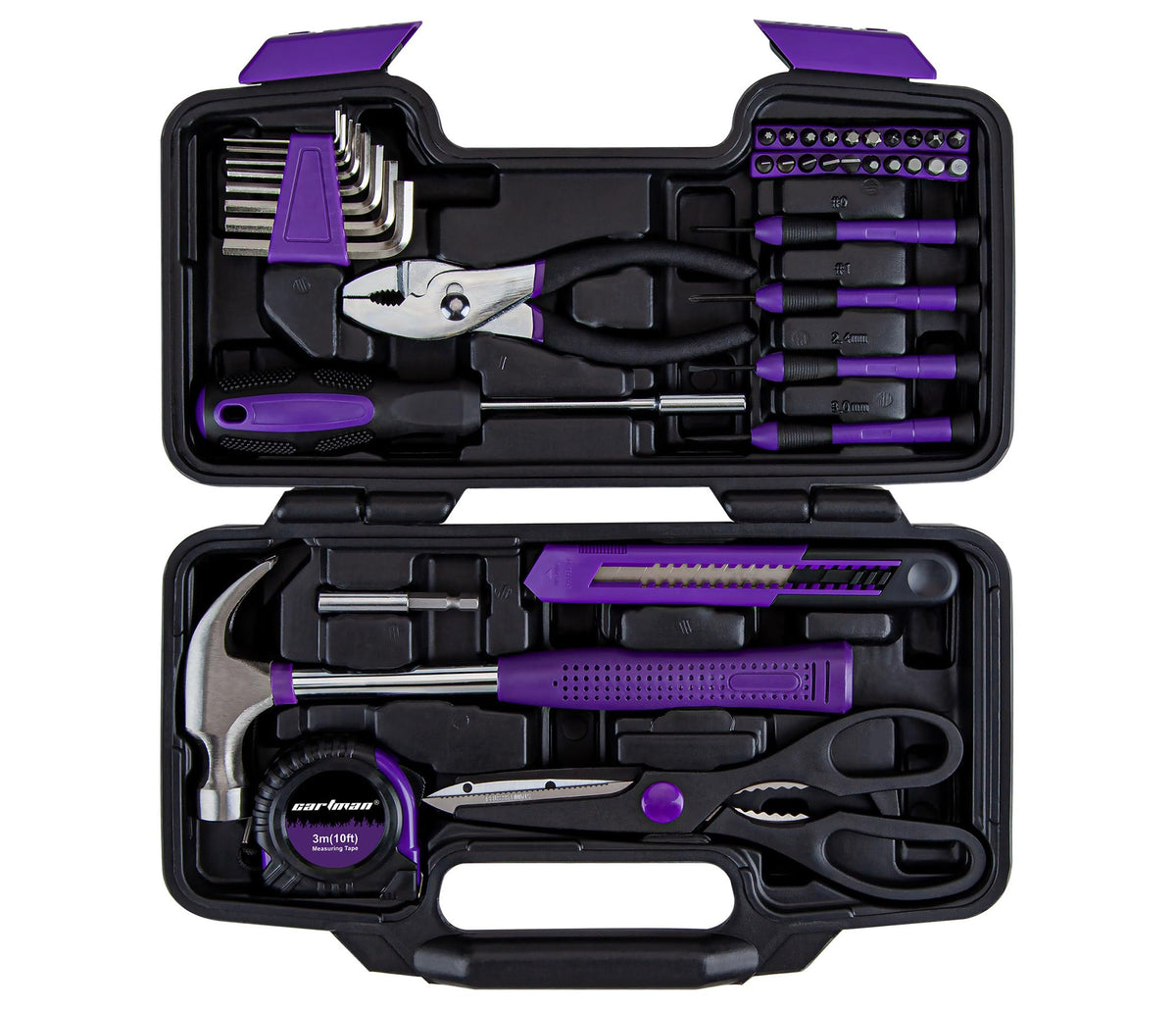 CARTMAN front view of purple 39-piece tool kit showing compact case and latch benefit