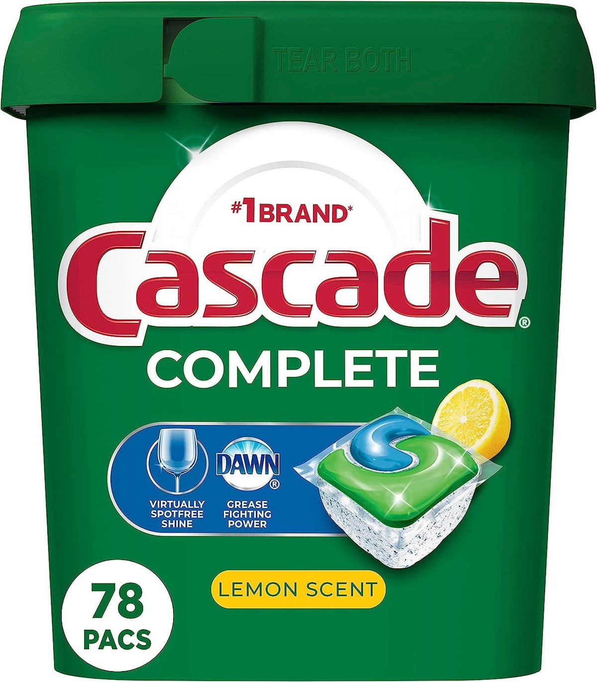Cascade front packaging 78-count Lemon ActionPacs showing quantity and scent benefits