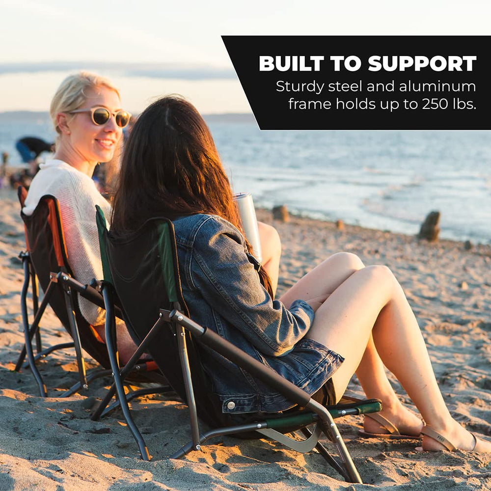 Cascade Mountain Tech chair at beach providing compact seating on sand