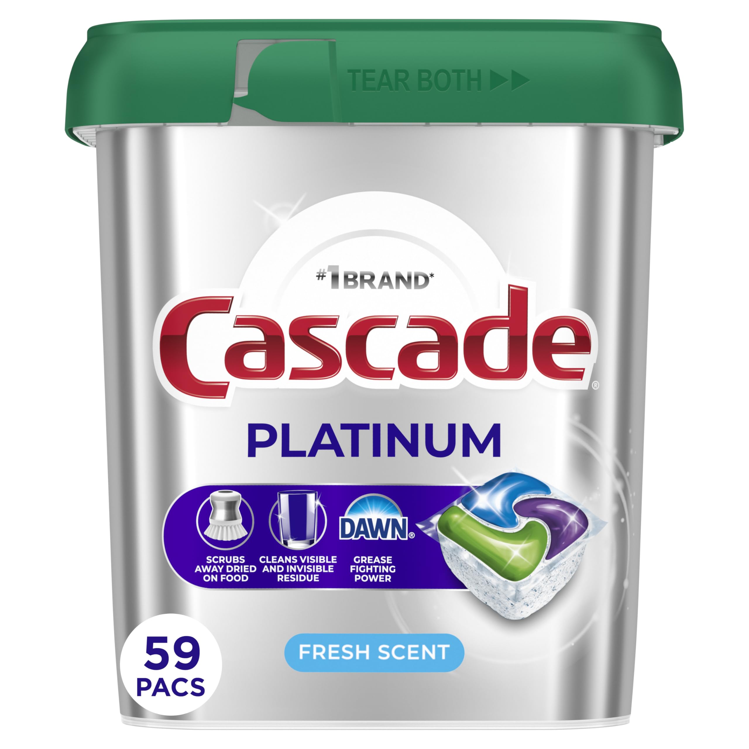 Cascade Platinum front packaging showing 59-actionpac count and fresh scent benefit