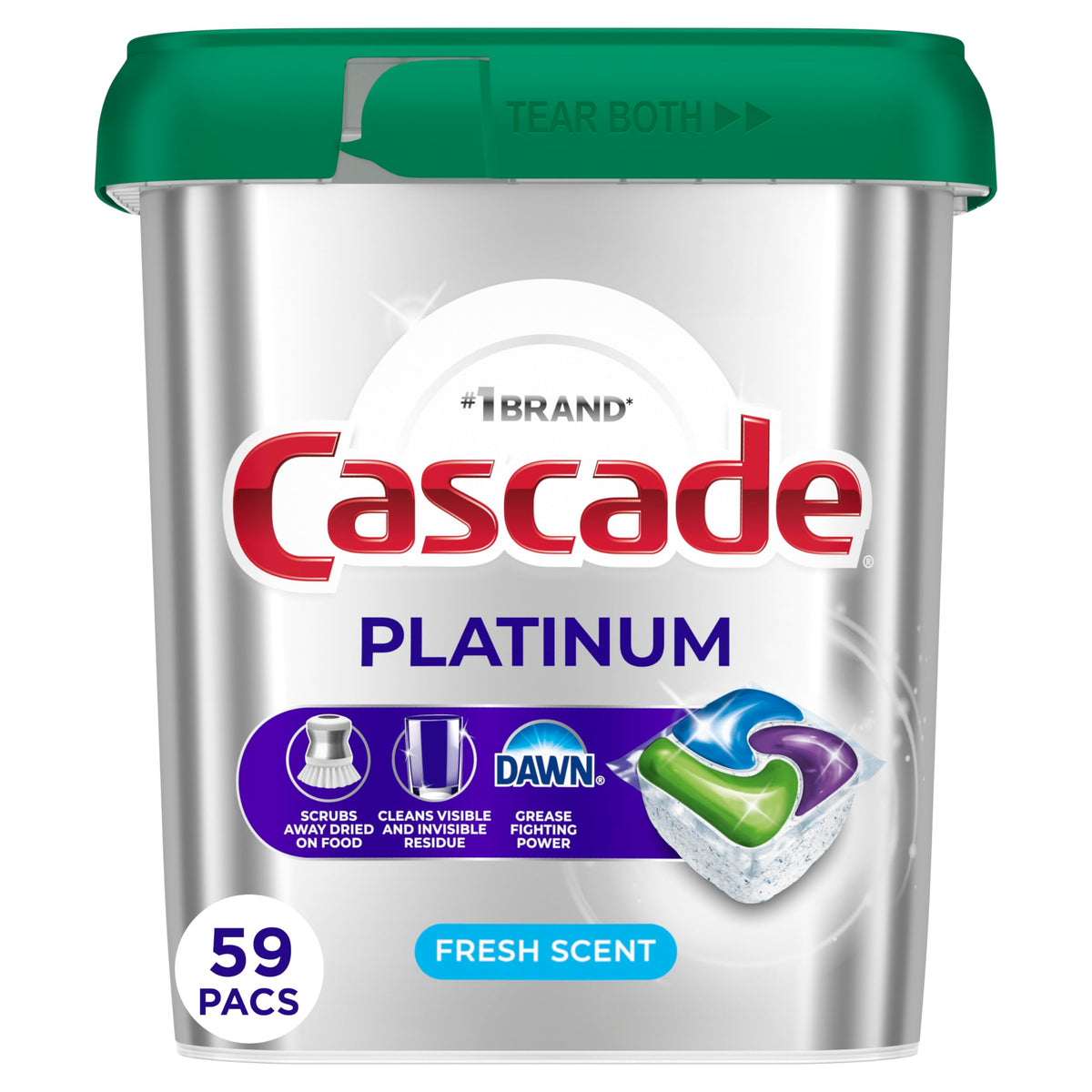 Cascade Platinum front packaging showing 59-actionpac count and fresh scent benefit