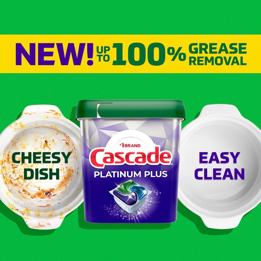 Icons and claims panel on Cascade packaging showing phosphate-free and machine-safe benefits