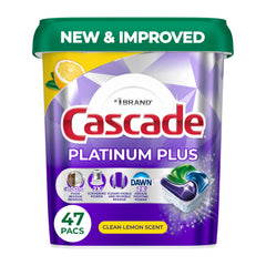 Cascade front box of Platinum Plus lemon pods showing pack and count, quick grab convenience