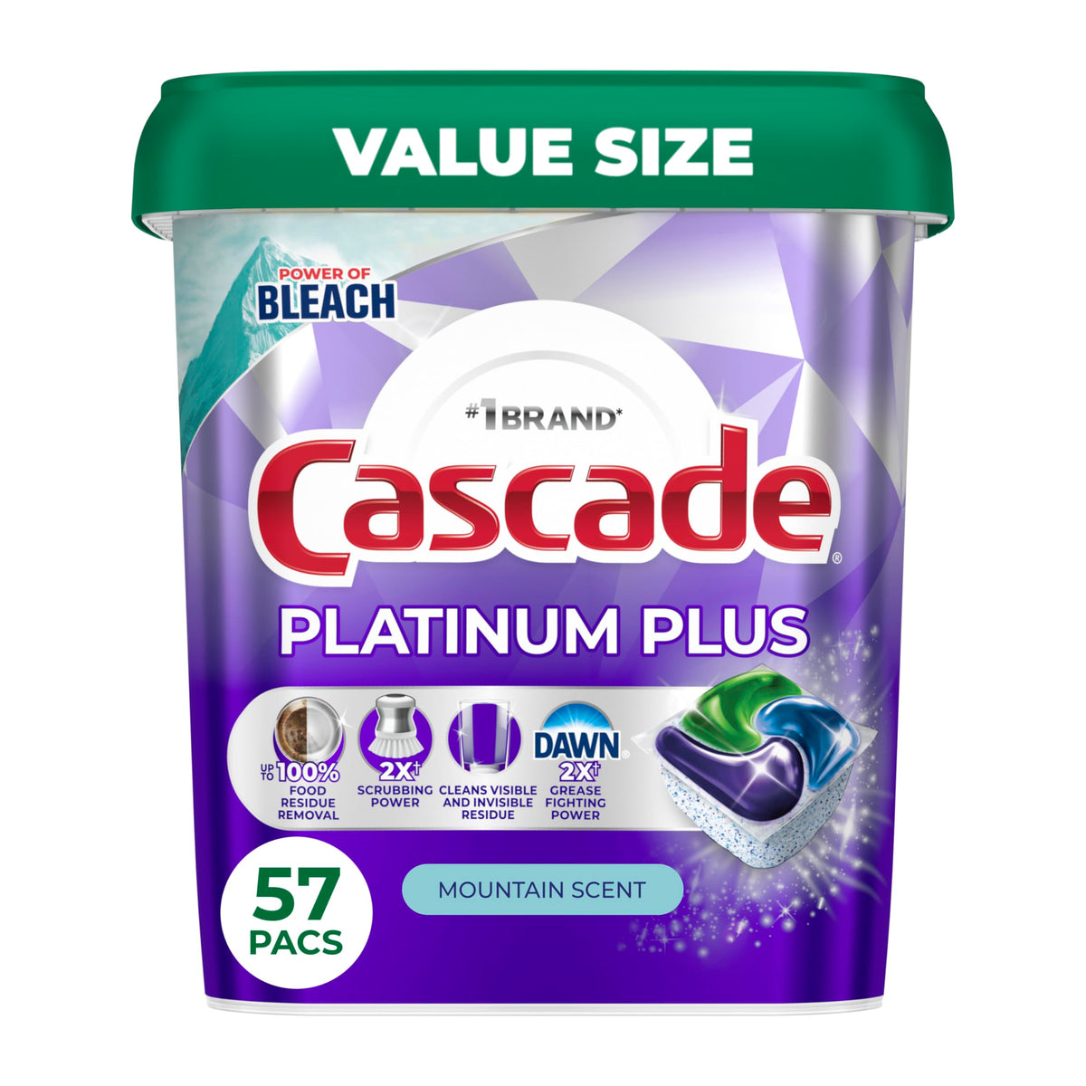 Cascade Platinum Plus front box showing count and mountain scent benefits