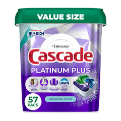 Cascade Platinum Plus front box showing count and mountain scent benefits