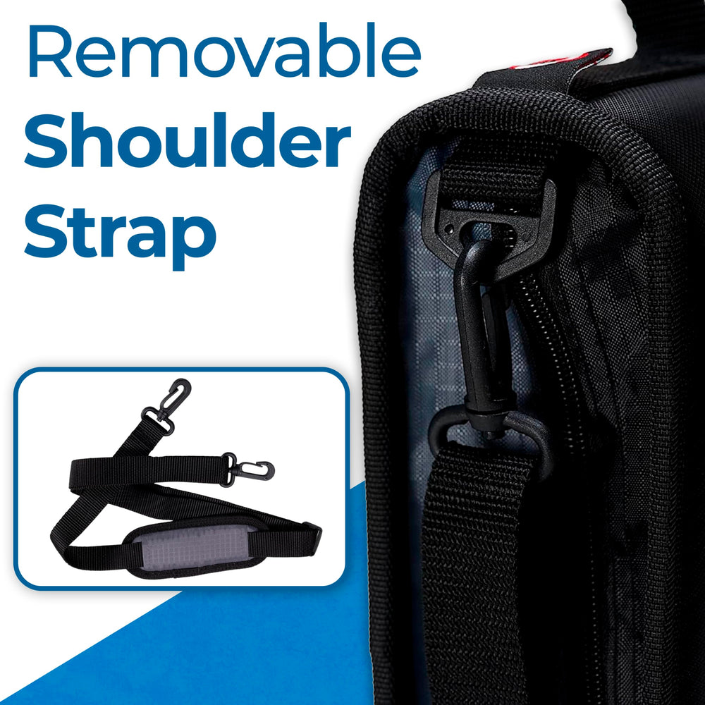 Case-it handle and adjustable shoulder strap for comfortable carry between classes