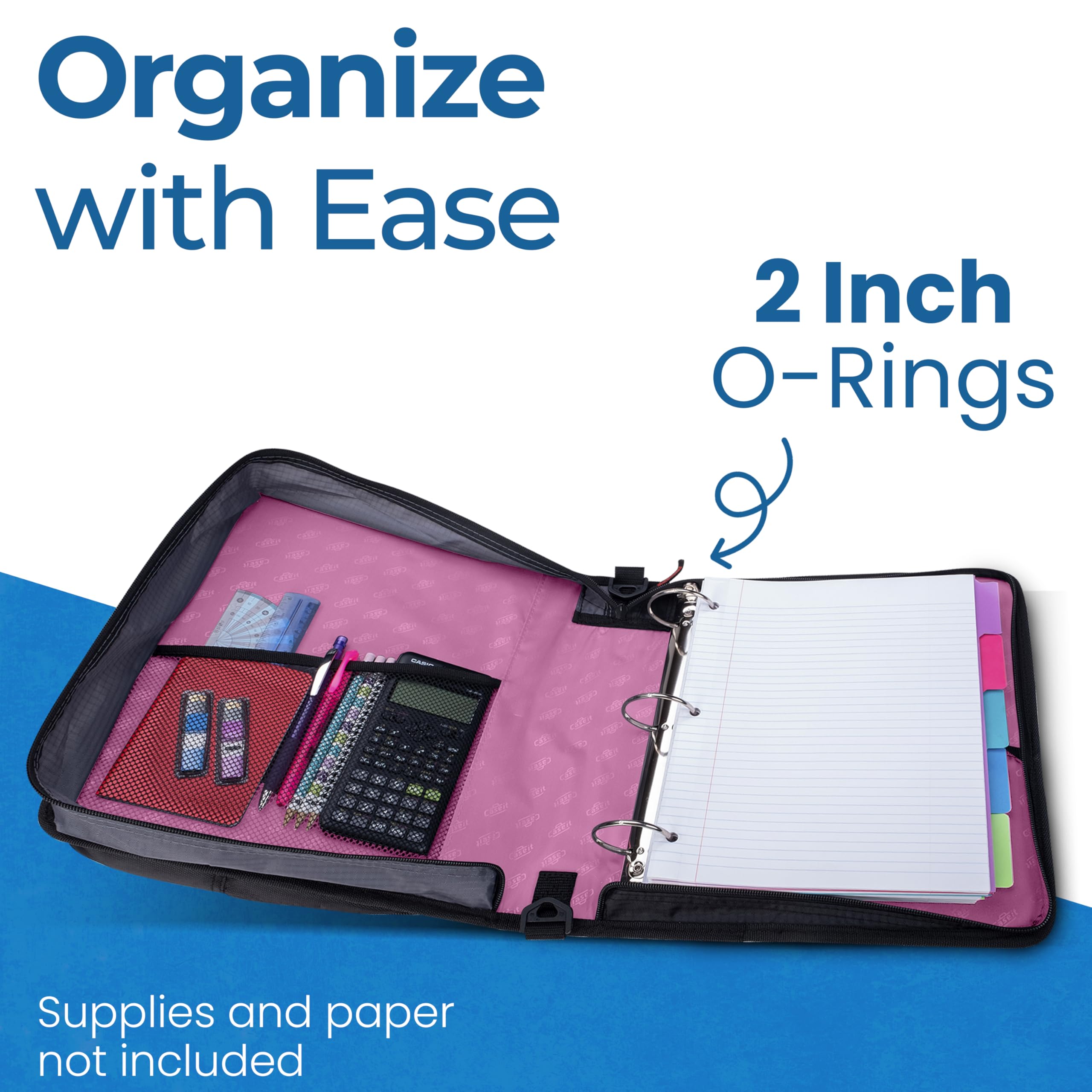 Case-it open binder revealing 2-inch O-rings holding many sheets for secure organization