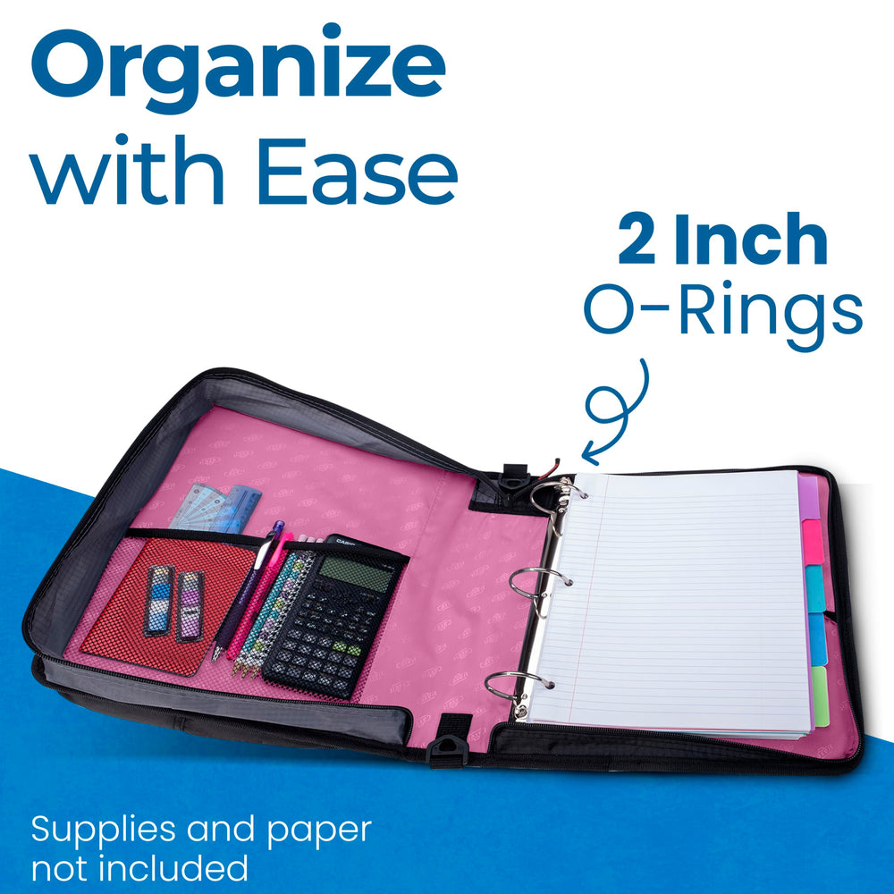 Case-it open binder revealing 2-inch O-rings holding many sheets for secure organization