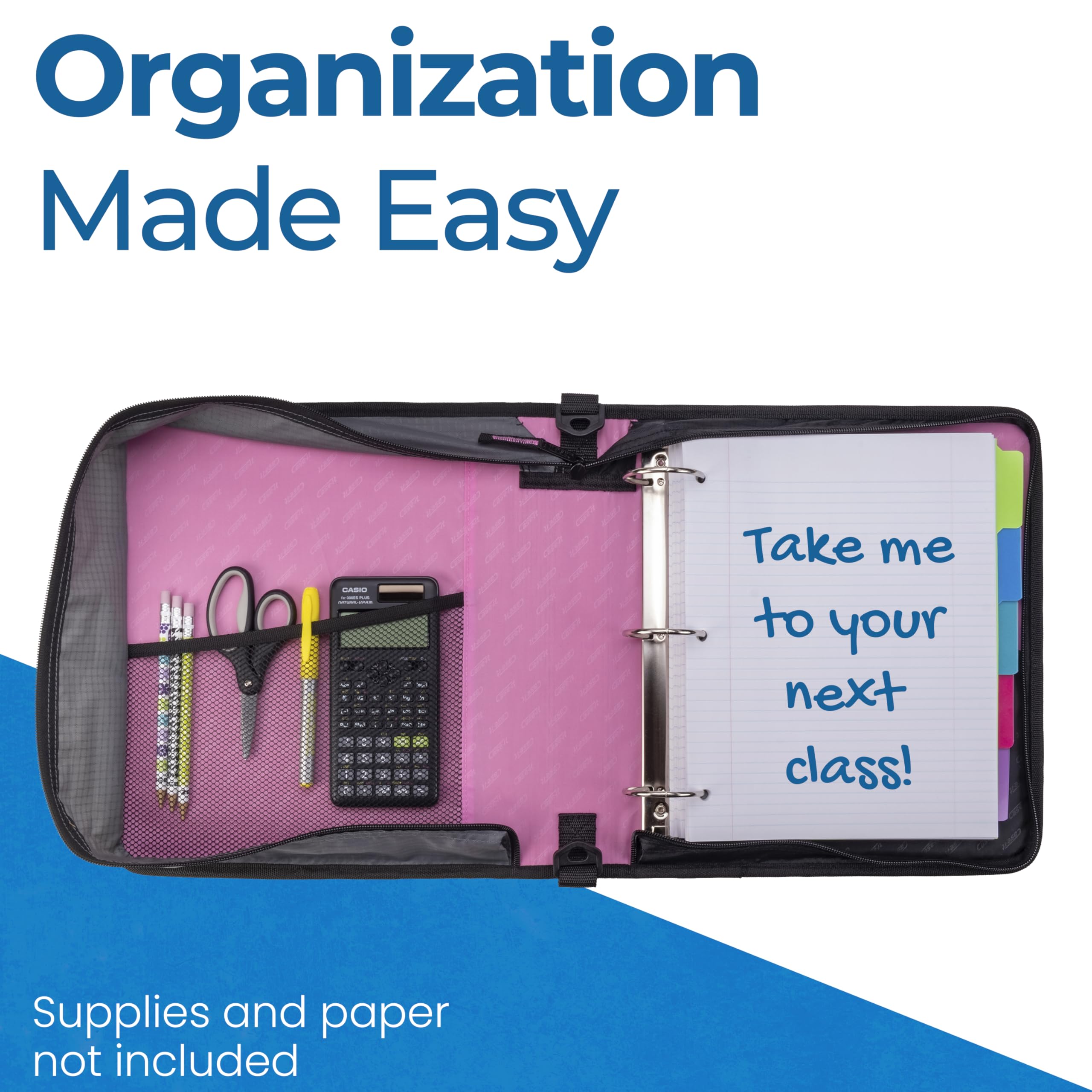 Case-it next to a large backpack showing fit and scale for school storage