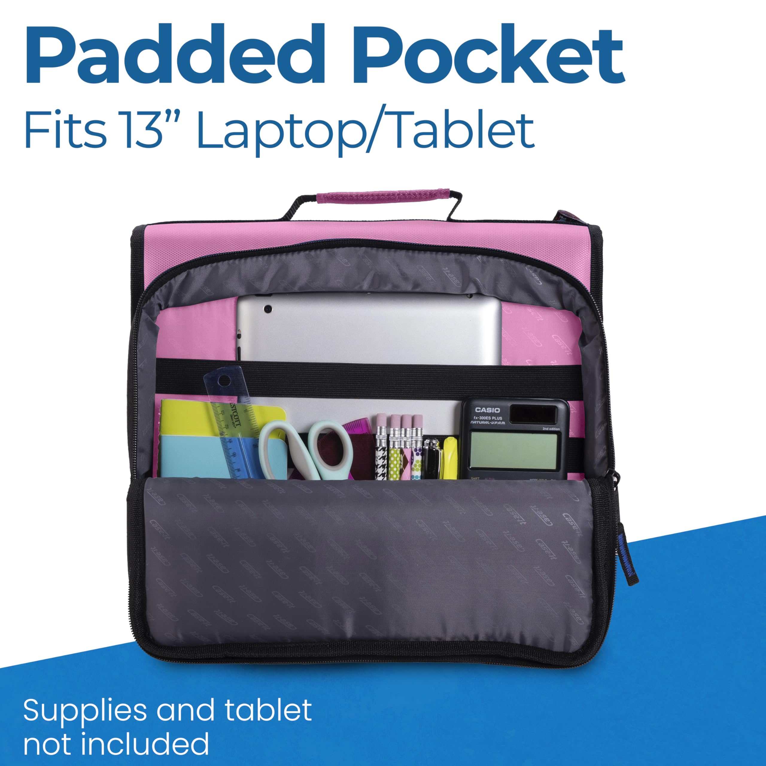 Case-it zip pocket with pens charger and calculator neatly stored for quick access