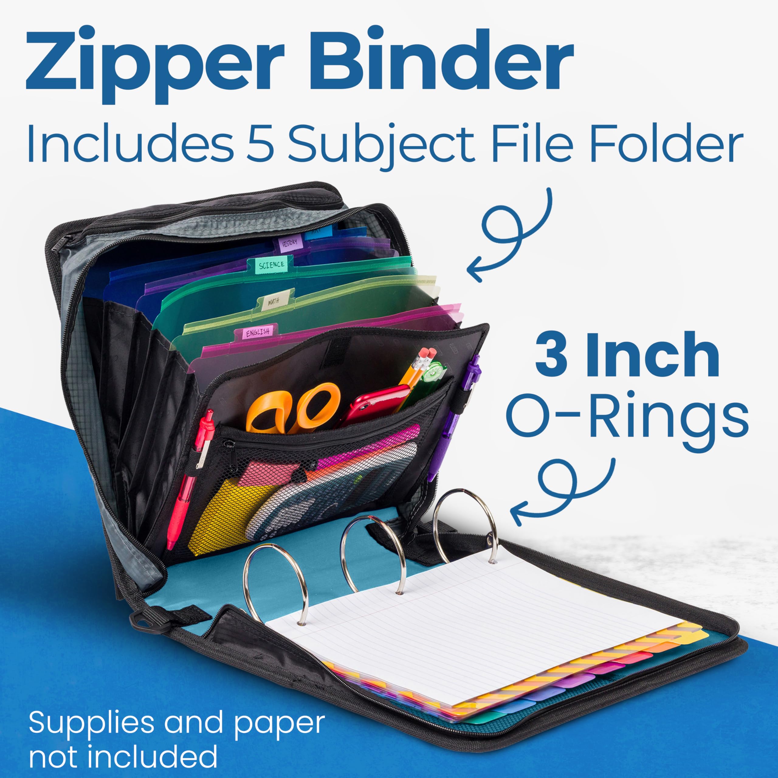 Case-it Mighty Zip Tab opened to show rings, pockets, and expanding file for fast organization