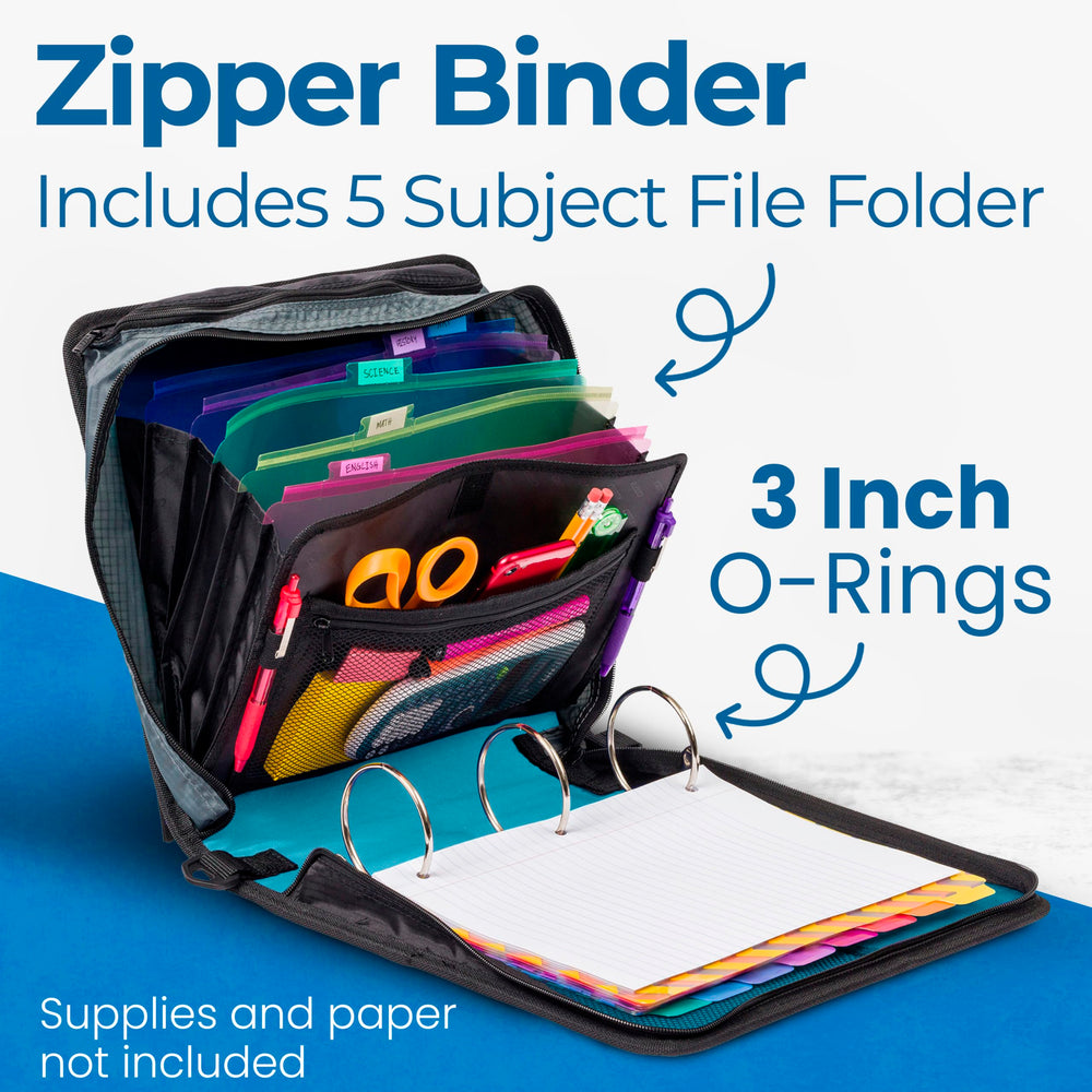 Case-it Mighty Zip Tab opened to show rings, pockets, and expanding file for fast organization