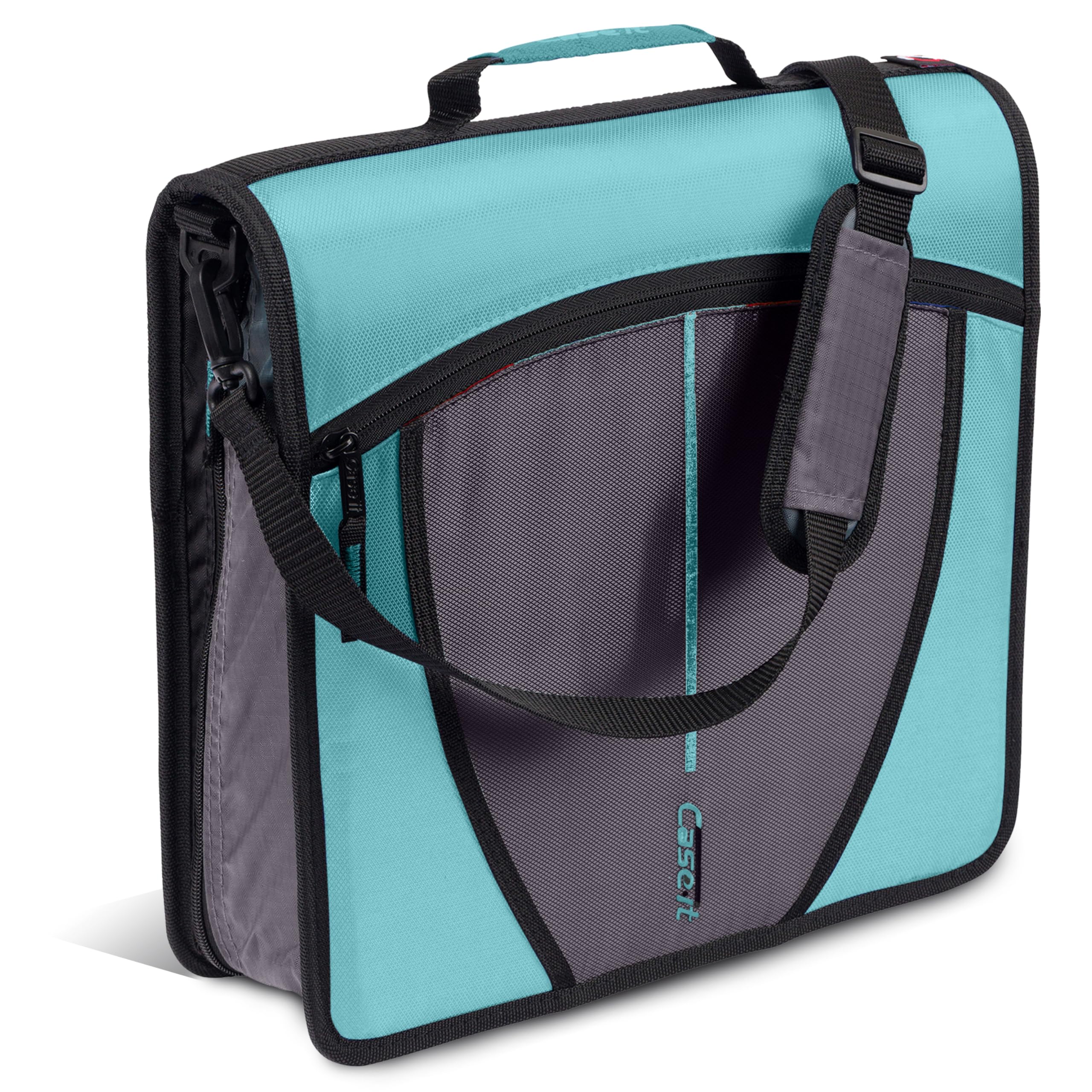 Case-it front view spearmint blue binder showing zipper and handle for easy transport