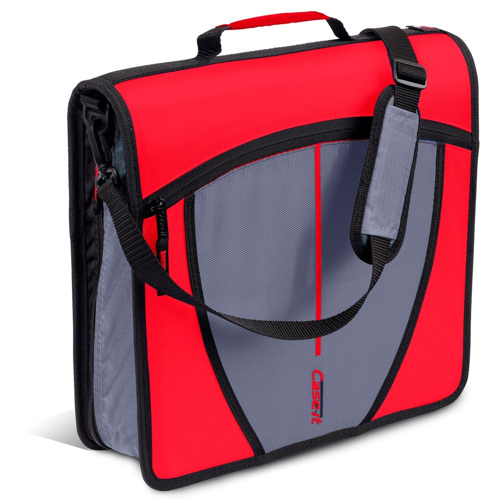 Case-it front view of fire engine red zippered binder showing organized exterior pockets and quick access benefit