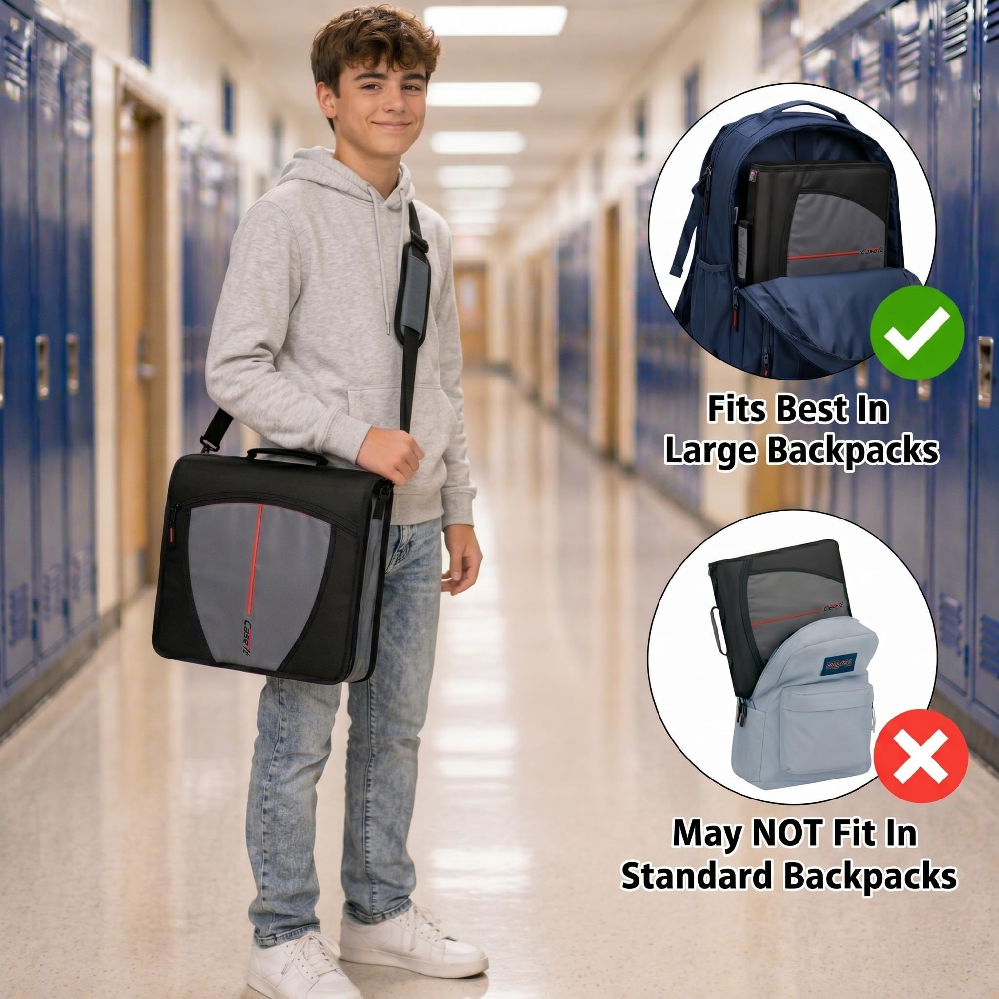 Case-it placed next to a backpack in a hallway showing portability and everyday use benefit