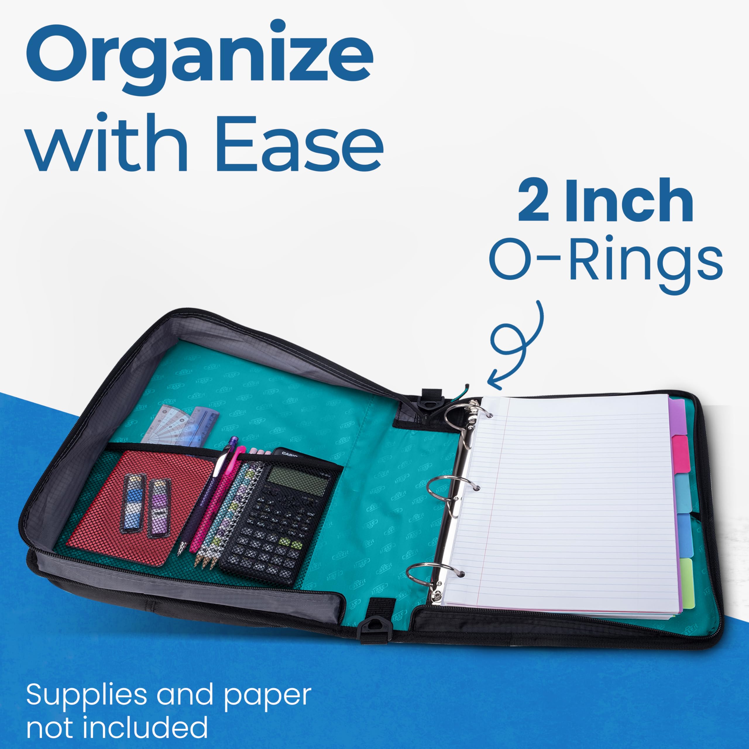 Case-it open view revealing 2-inch O-rings and paper capacity for easy organization