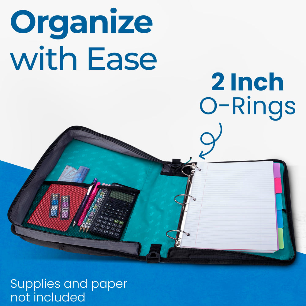 Case-it open view revealing 2-inch O-rings and paper capacity for easy organization