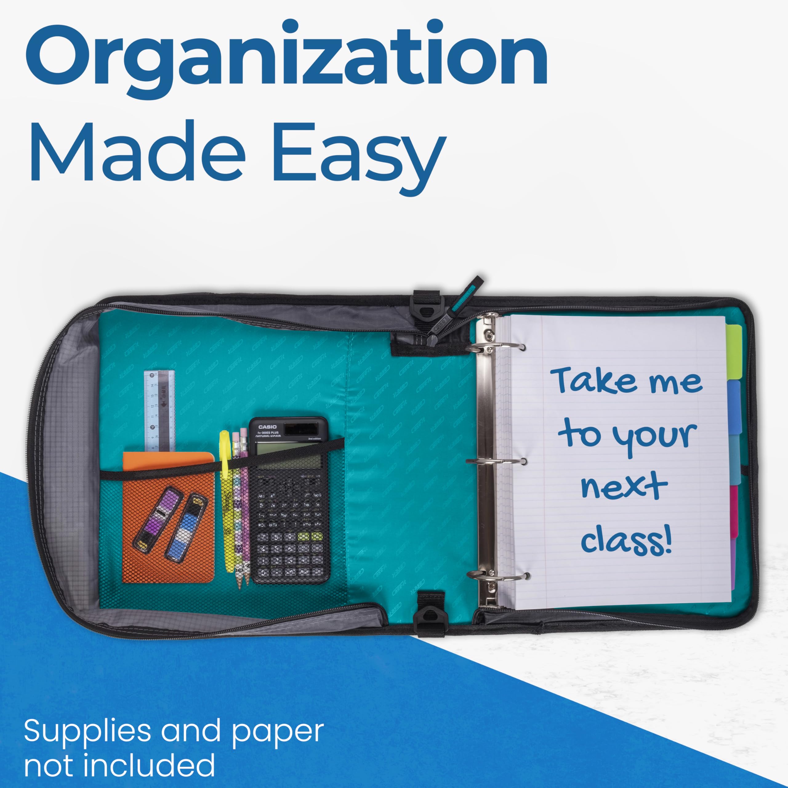 Case-it beside notebooks showing scale and 400-sheet capacity for semester storage