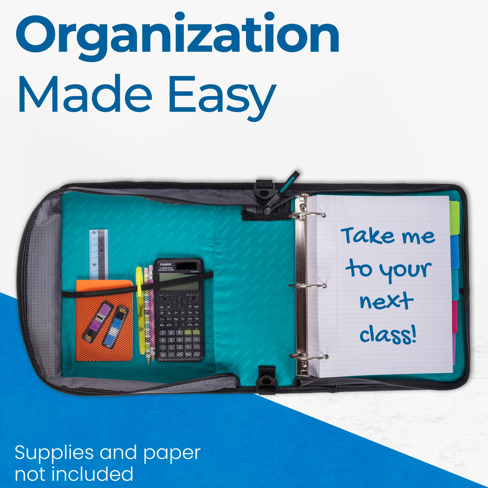 Case-it beside notebooks showing scale and 400-sheet capacity for semester storage