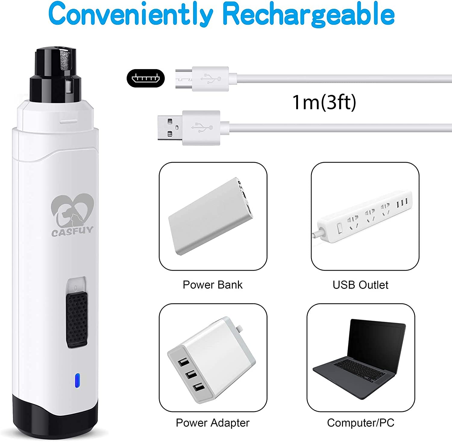 Casfuy charging port with LED indicator showing rechargeable convenience benefit