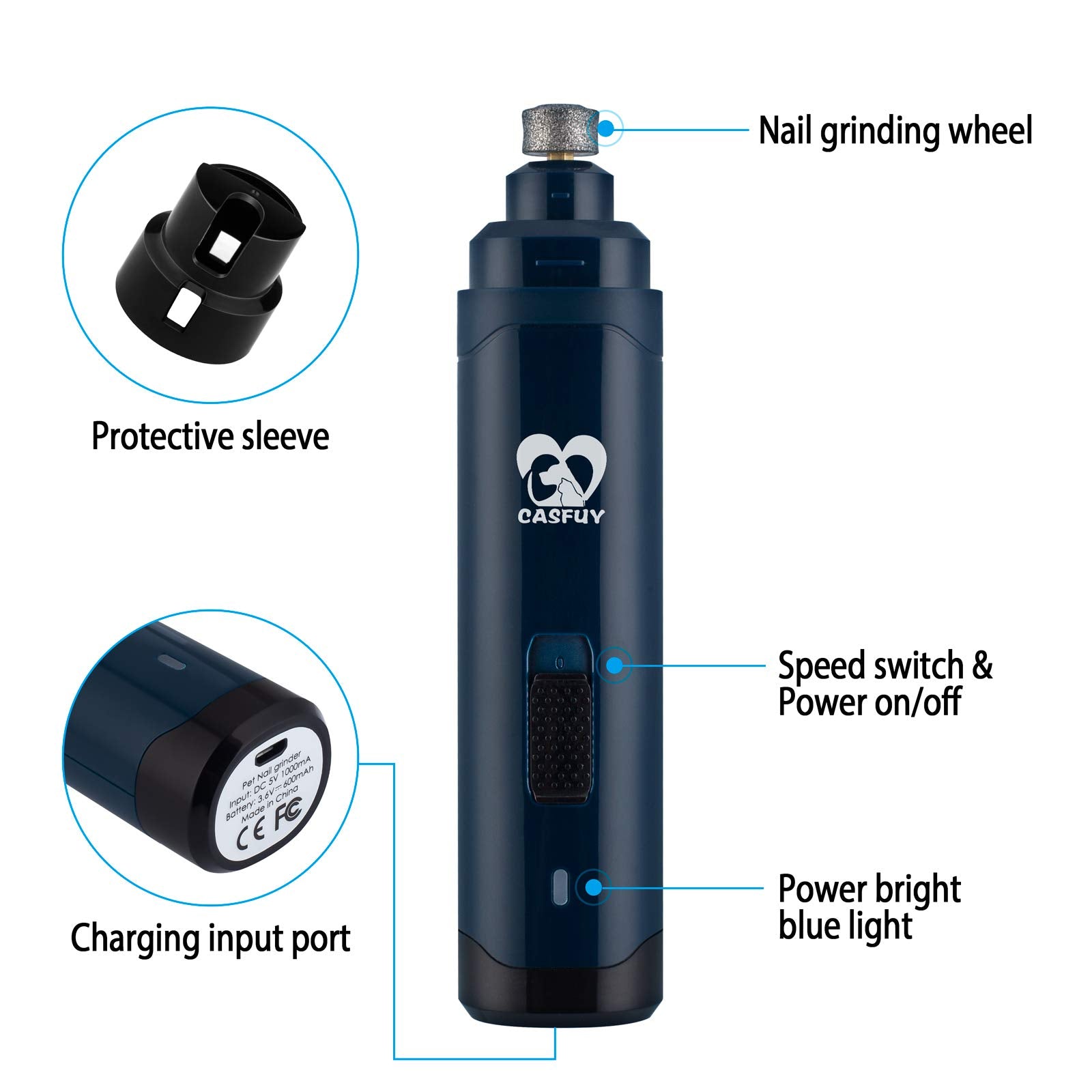 Casfuy charging port and LED indicator showing rechargeable convenience benefit