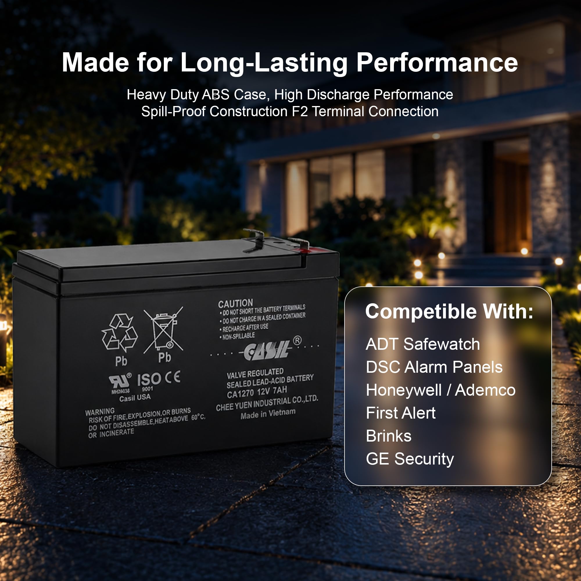 Casil CA1270 side label detail showing 12V 7Ah specs and compatibility