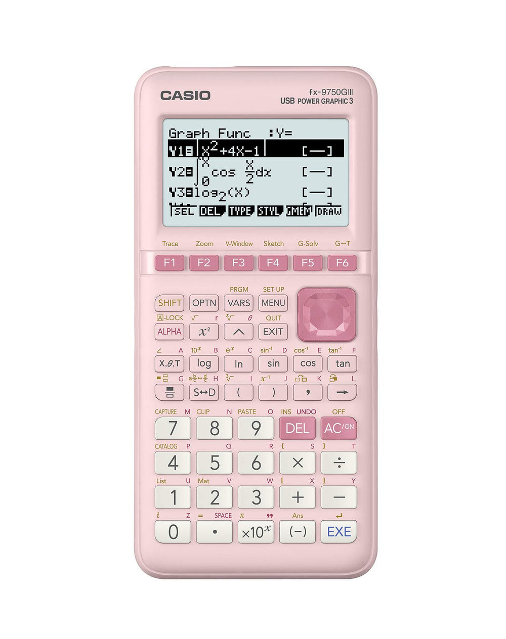 Casio fx-9750GIII front view in pink showing screen and keys for easy identification