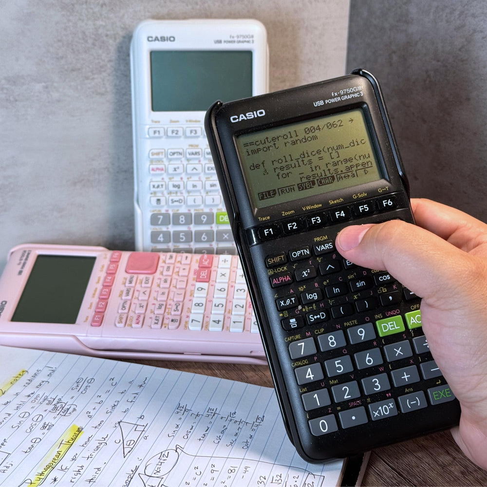 Casio fx-9750GIII with USB cable and accessories for simple file transfer