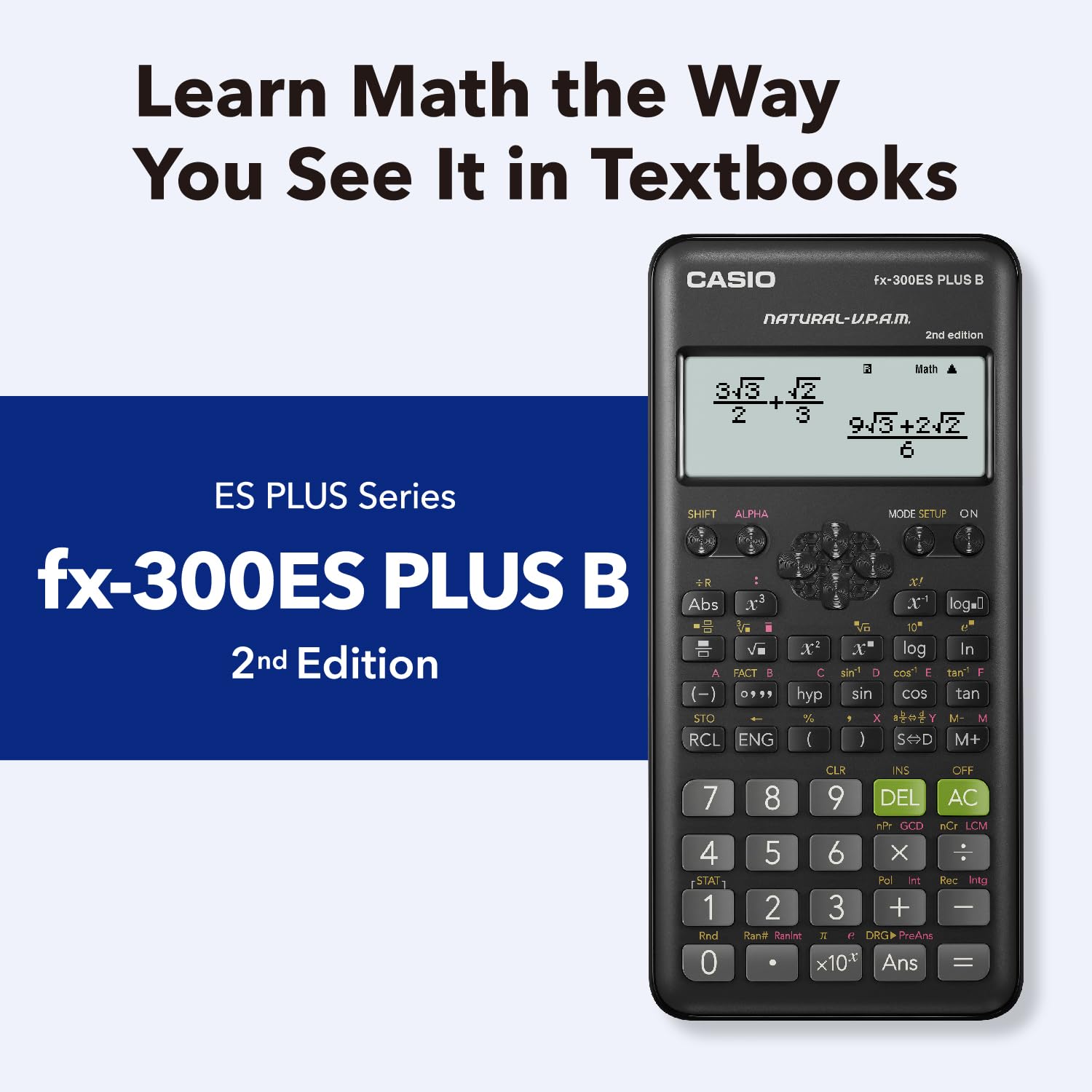 Casio display close-up showing Natural Textbook Display for easier equation reading