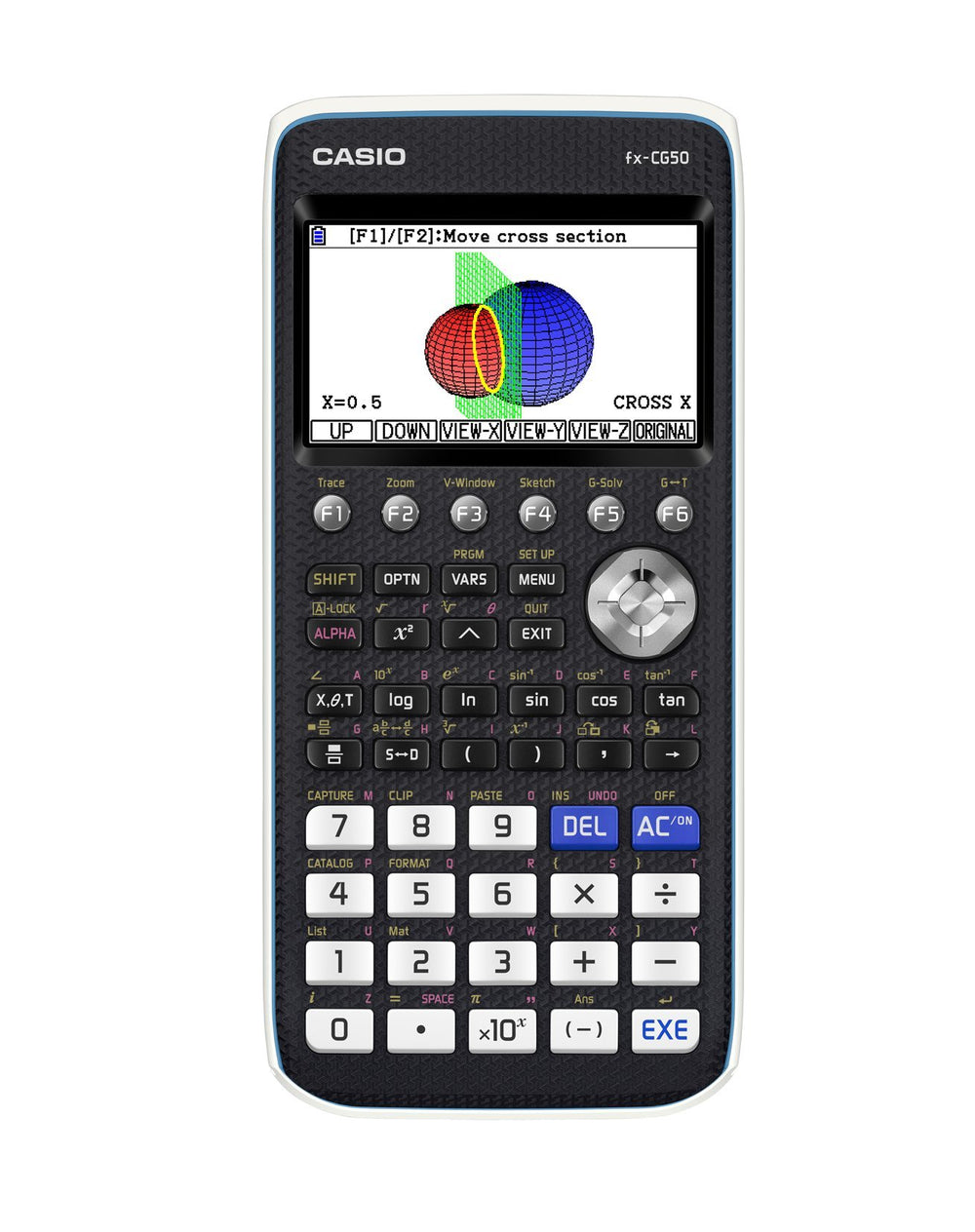 Casio Prizm front display showing colorful graphs and clear textbook-style notation for easy reading
