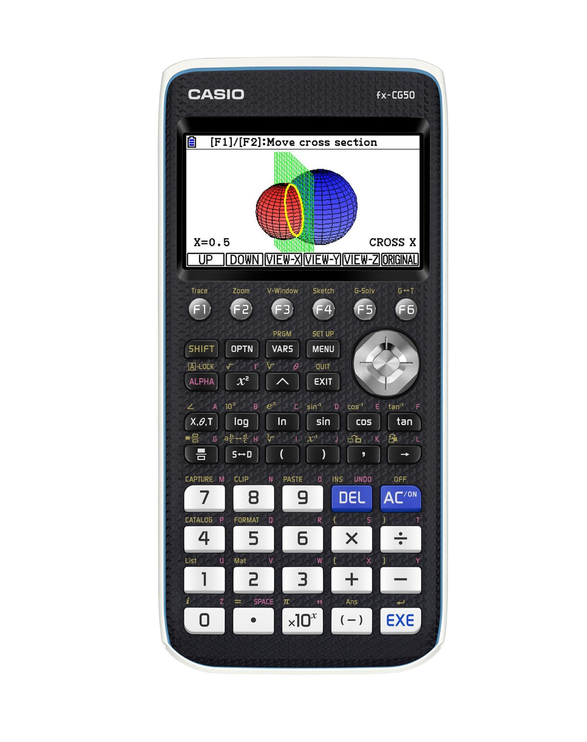 Casio Prizm front display showing colorful graphs and clear textbook-style notation for easy reading