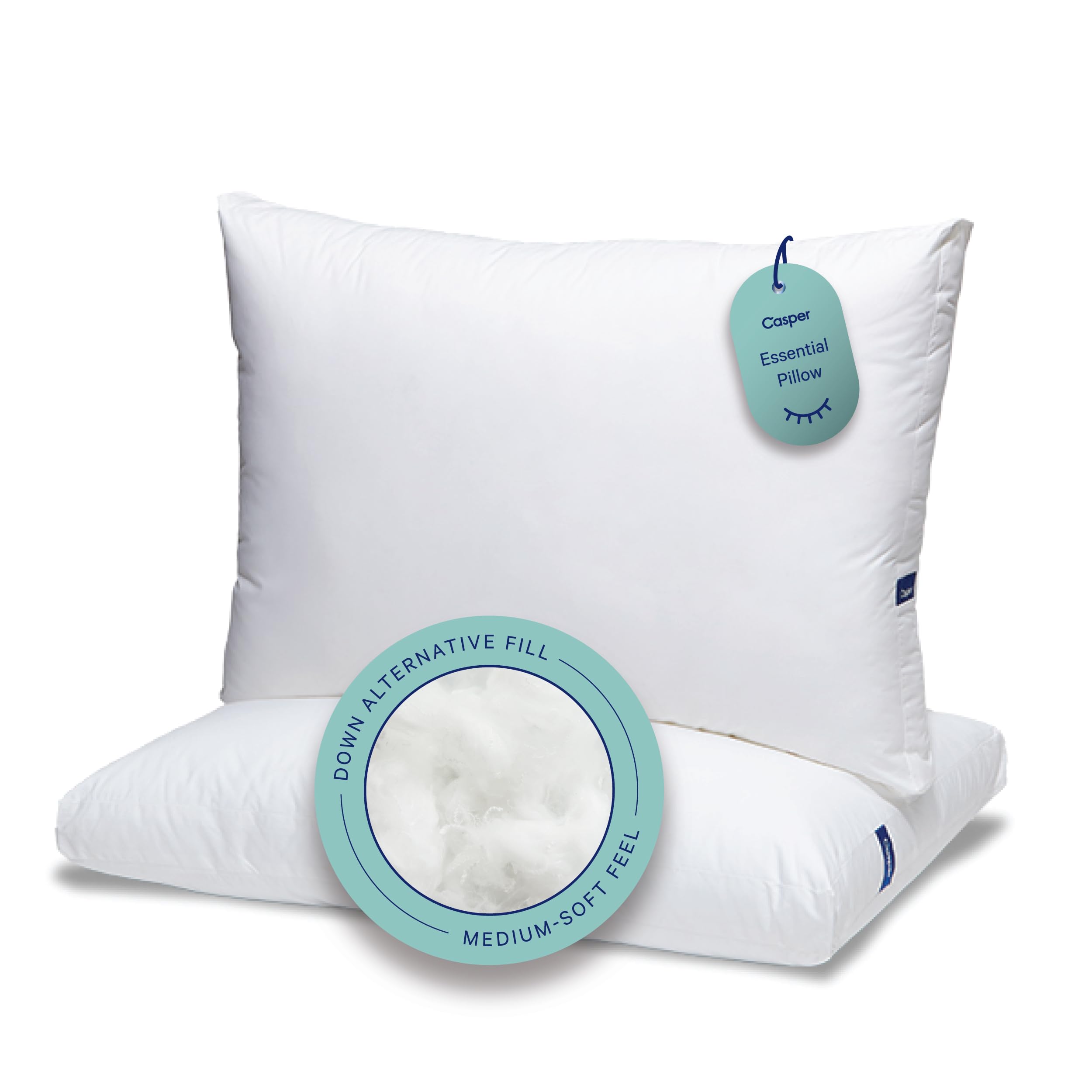 Casper Essential Pillow front packaging showing two standard pillows and benefits