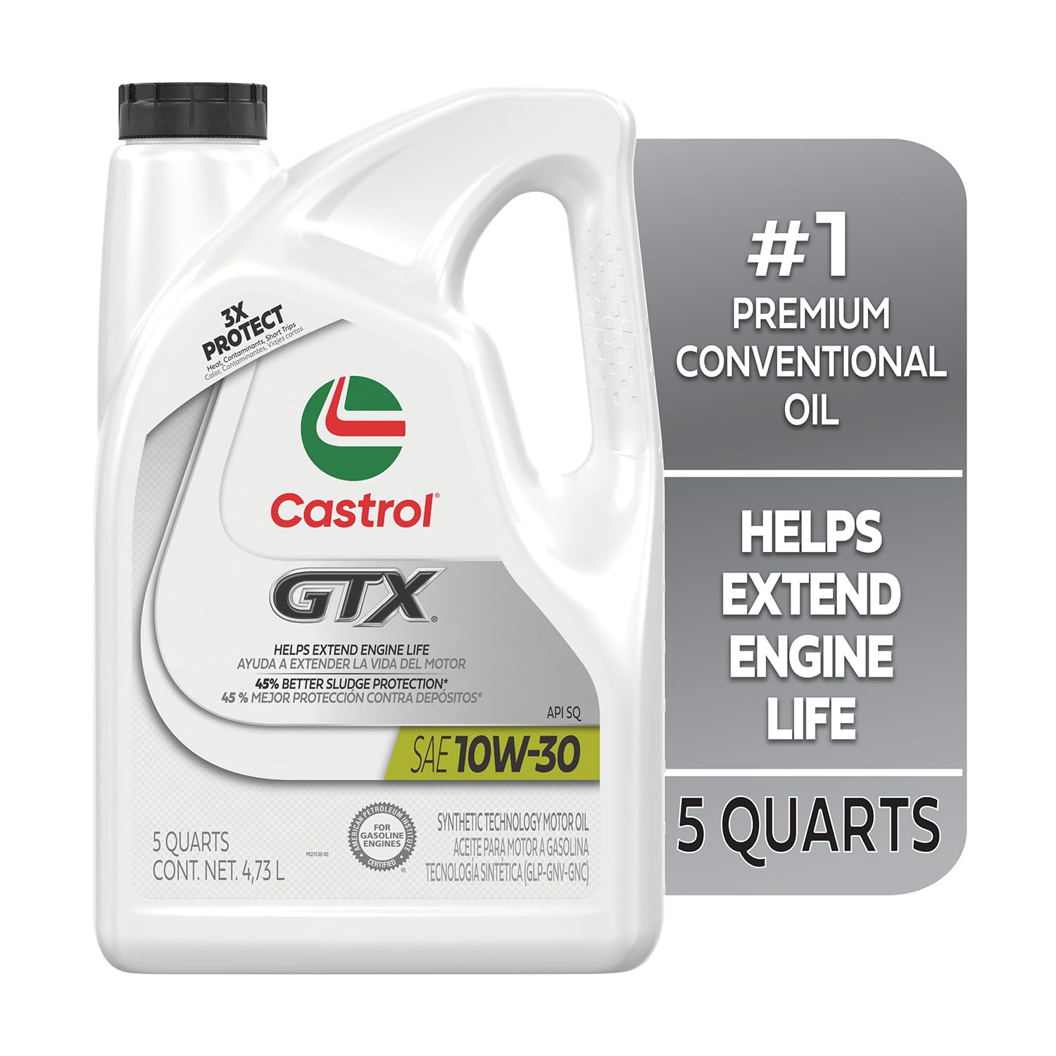 Castrol GTX bottle angled to show handle and pour spout for easy handling