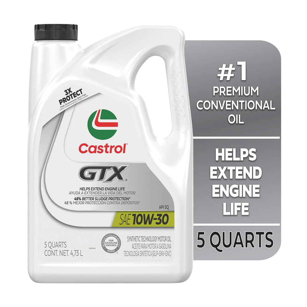 Castrol GTX bottle angled to show handle and pour spout for easy handling