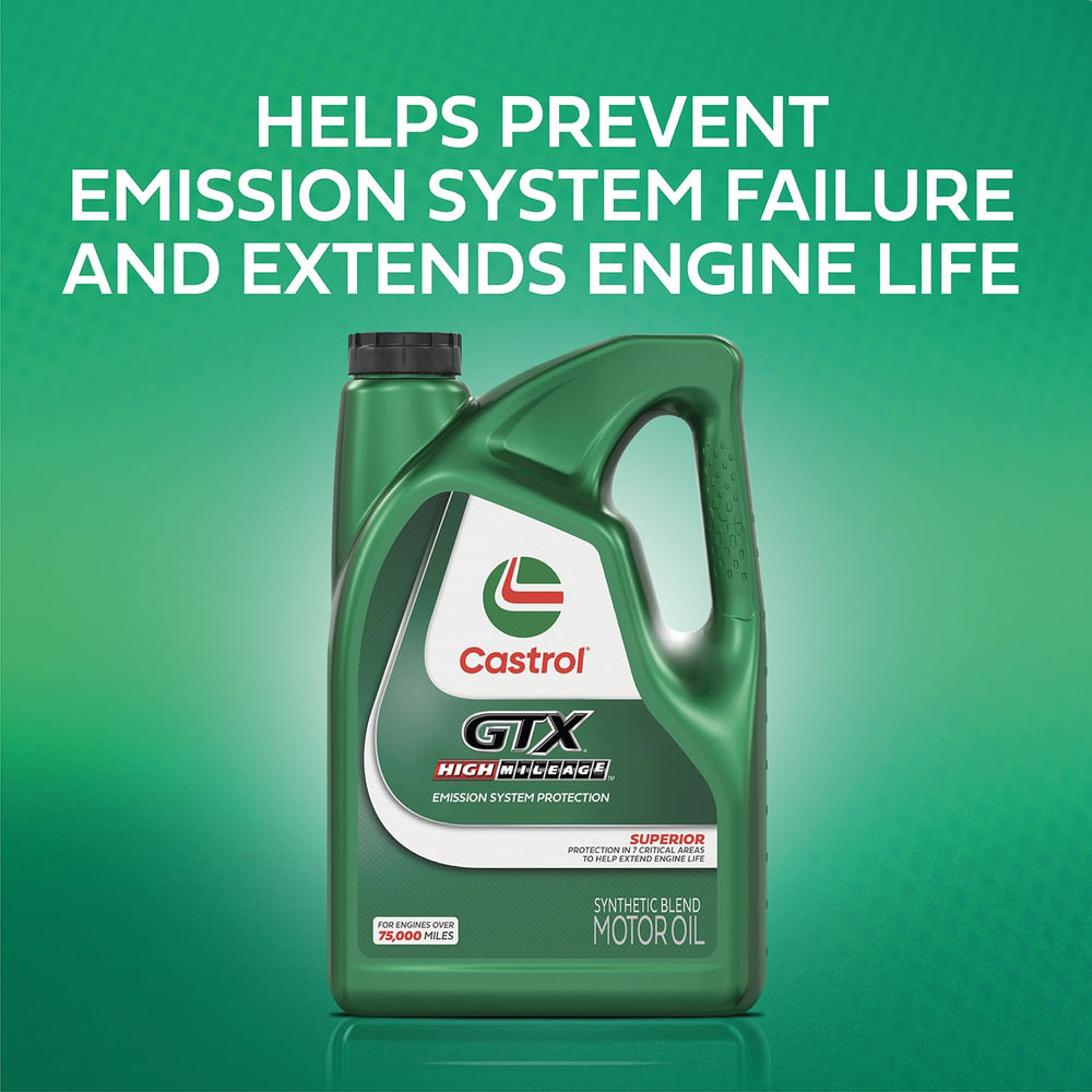 Castrol bottle next to hand showing five-quart size and capacity