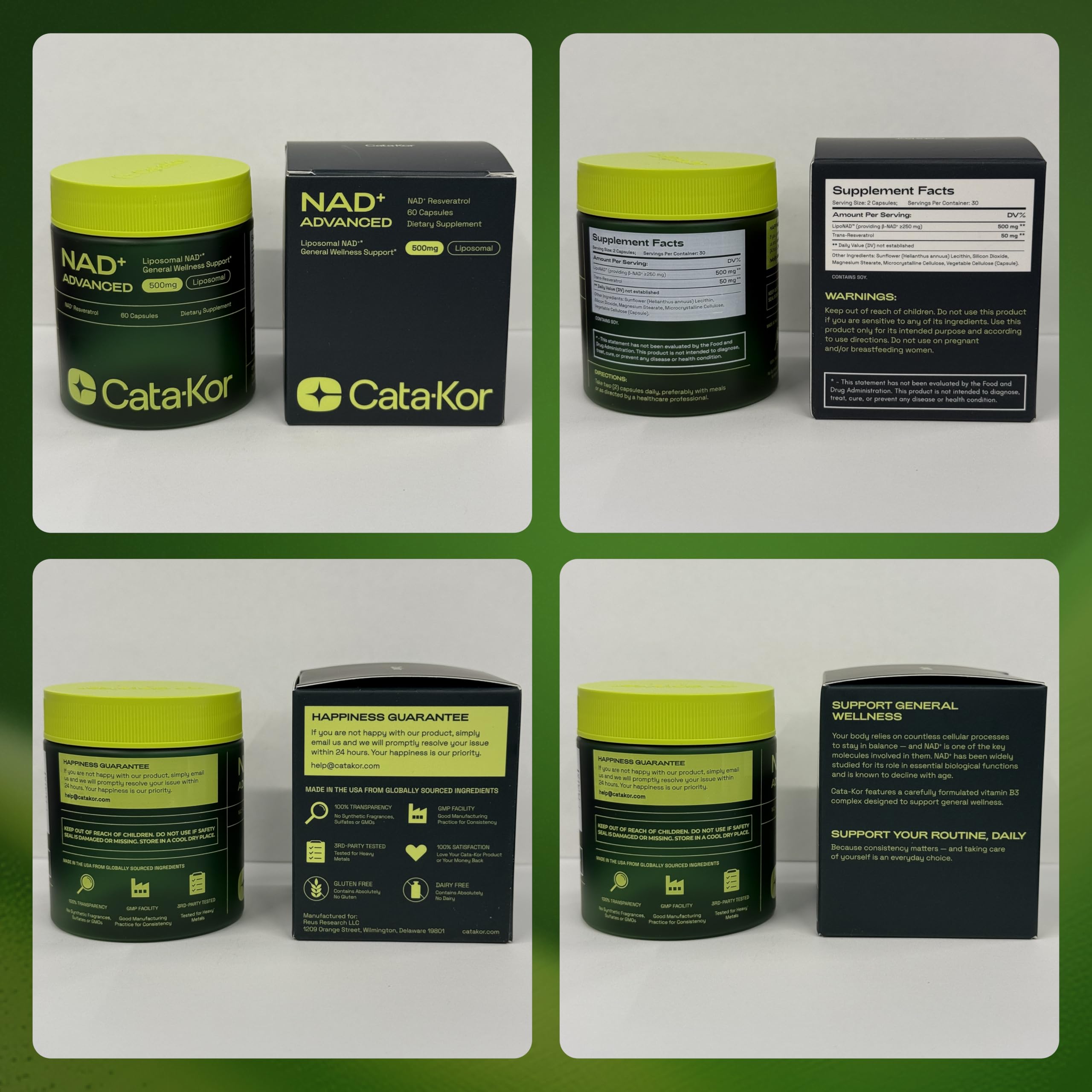 Cata-Kor active ingredients graphic emphasizing liposomal NAD and resveratrol