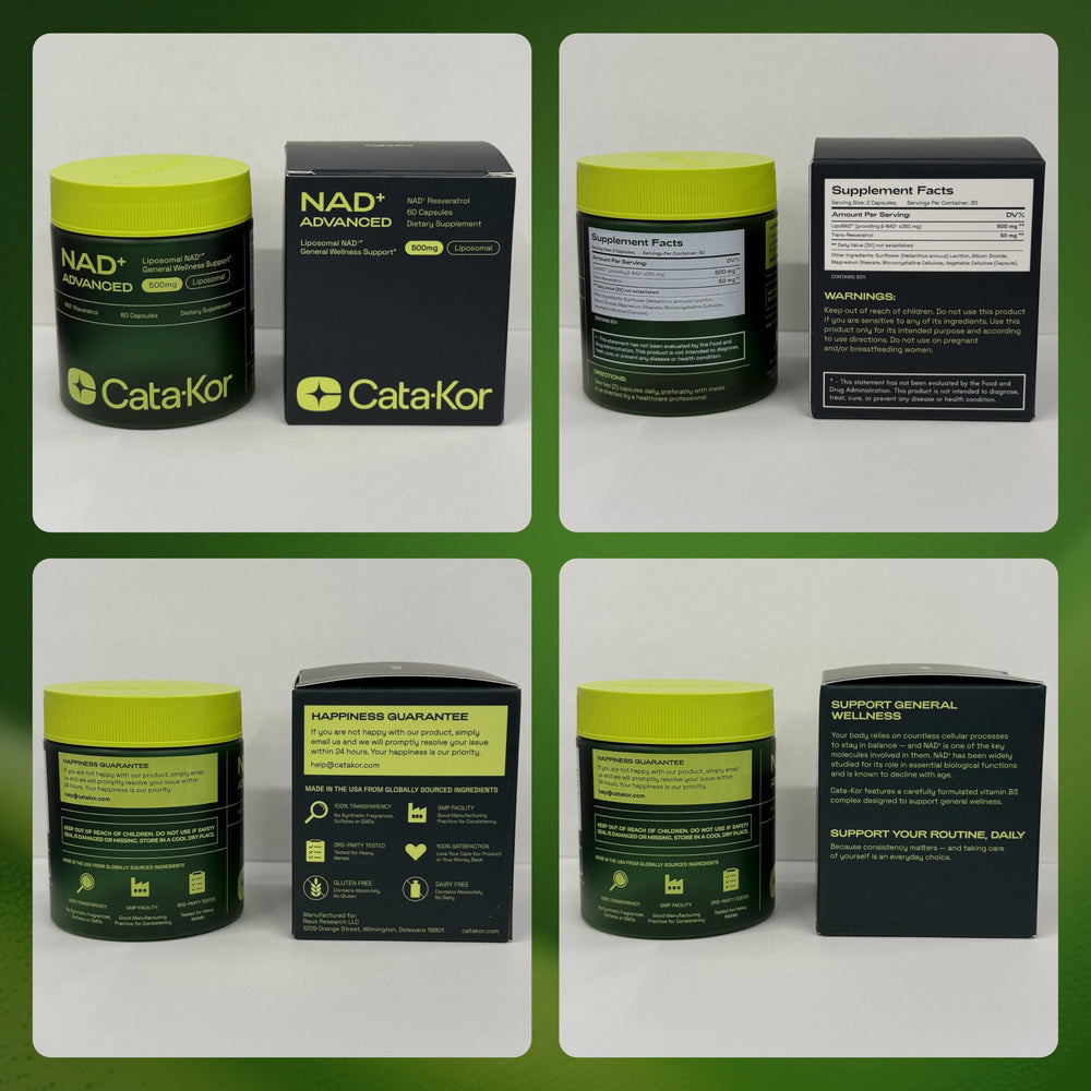 Cata-Kor active ingredients graphic emphasizing liposomal NAD and resveratrol