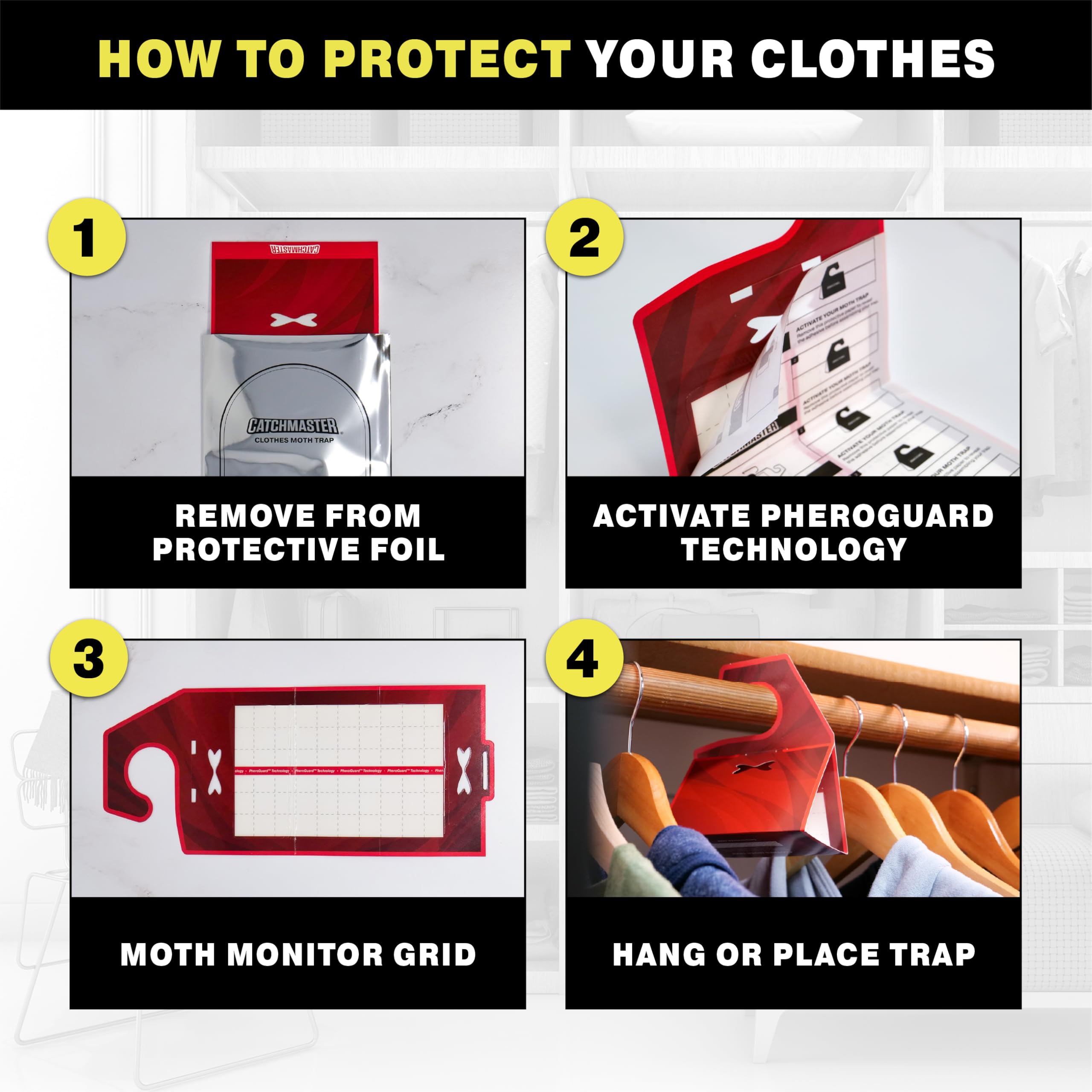 Catchmaster bold-design trap visible in closet for easy inspection and reassurance