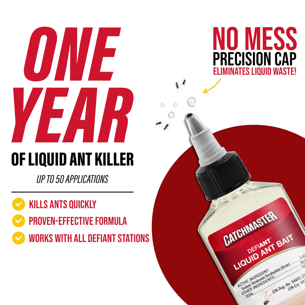 Catchmaster DEFIANT bottle pouring bait into station for easy refill