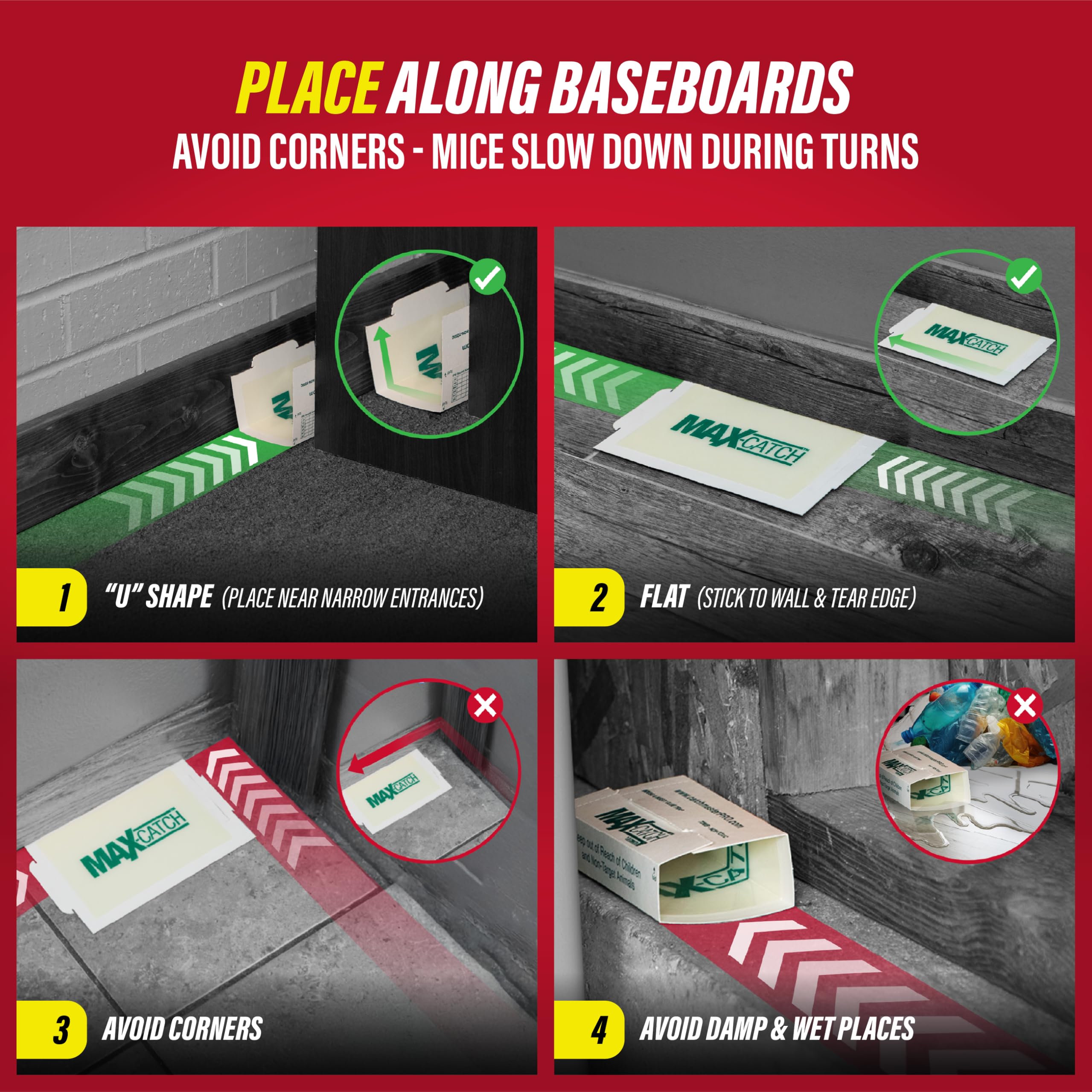 Catchmaster pad placed along baseboard to intercept rodent traffic
